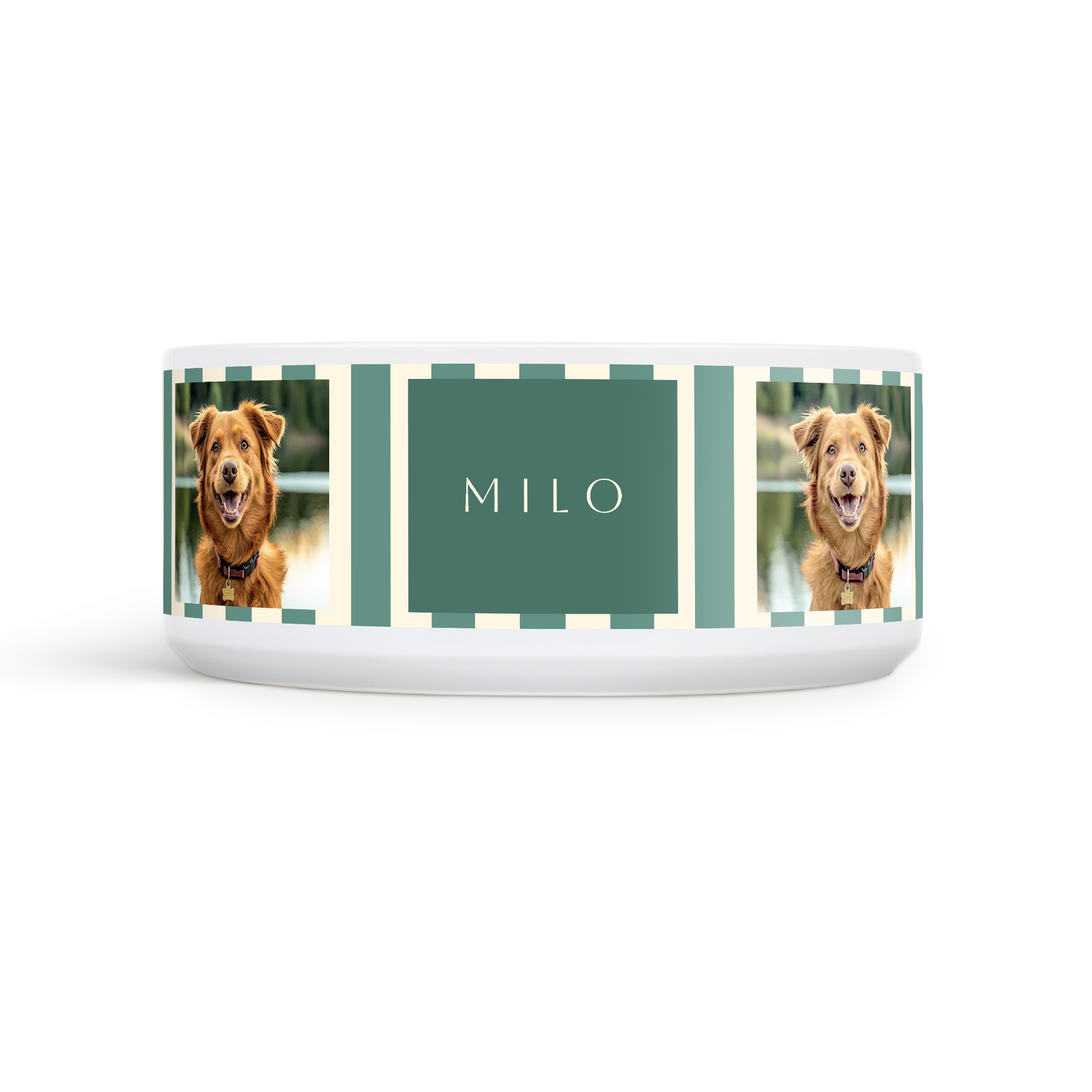 Personlig madskål til kæledyr med foto af hund og navnet MILO printet på keramikskålen. Gør spisetiden til noget helt særligt med personlige madskåle til hunde og katte.