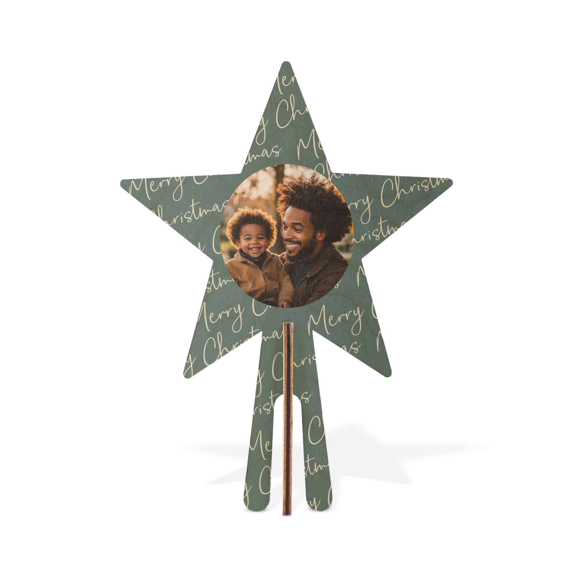 Personalisierter Holz-Topper mit aufgedrucktem Foto eines Vaters mit Kind und dem Schriftzug "Merry Christmas" für langanhaltende Weihnachtsstimmung.