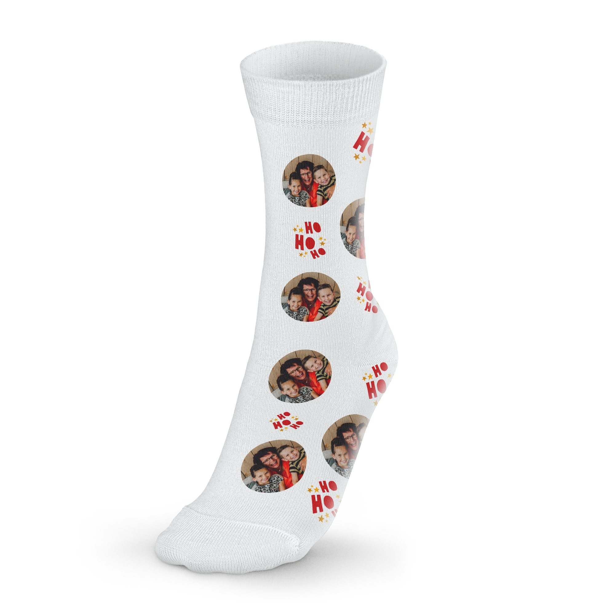 White personalized photo socks printed with a family photo and red Ho Ho Ho text