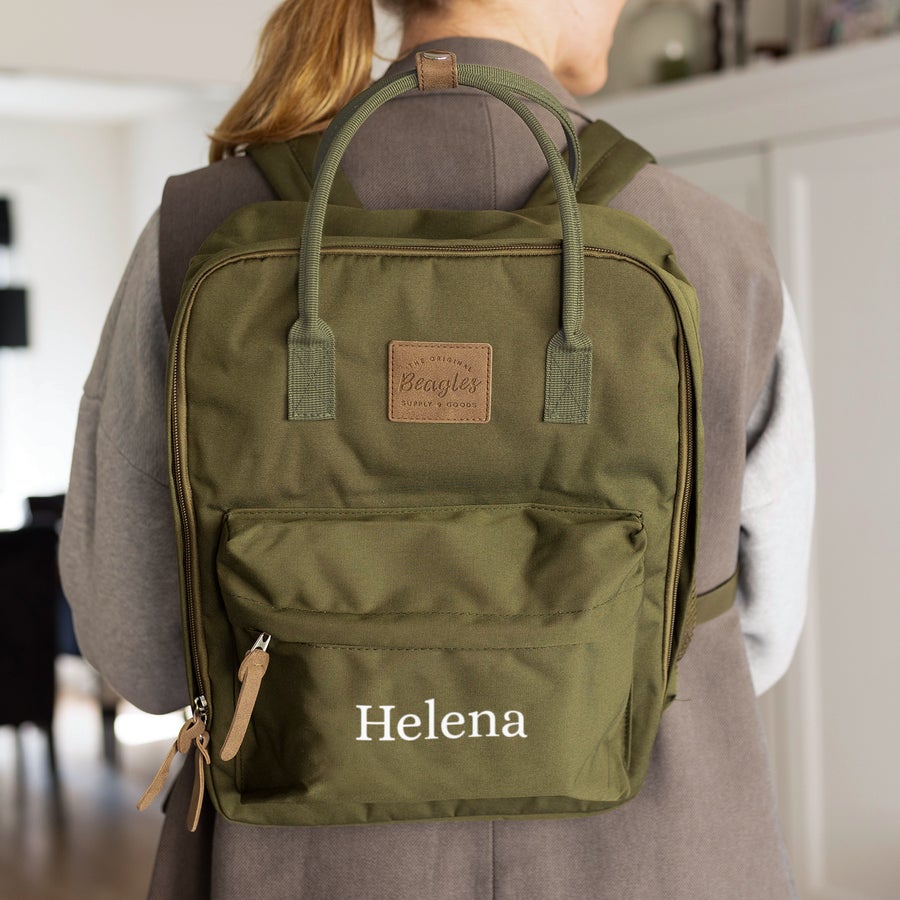 Personalised backpack - Printed A personalised backpack in olive green with the name Helena printed on the front pocket