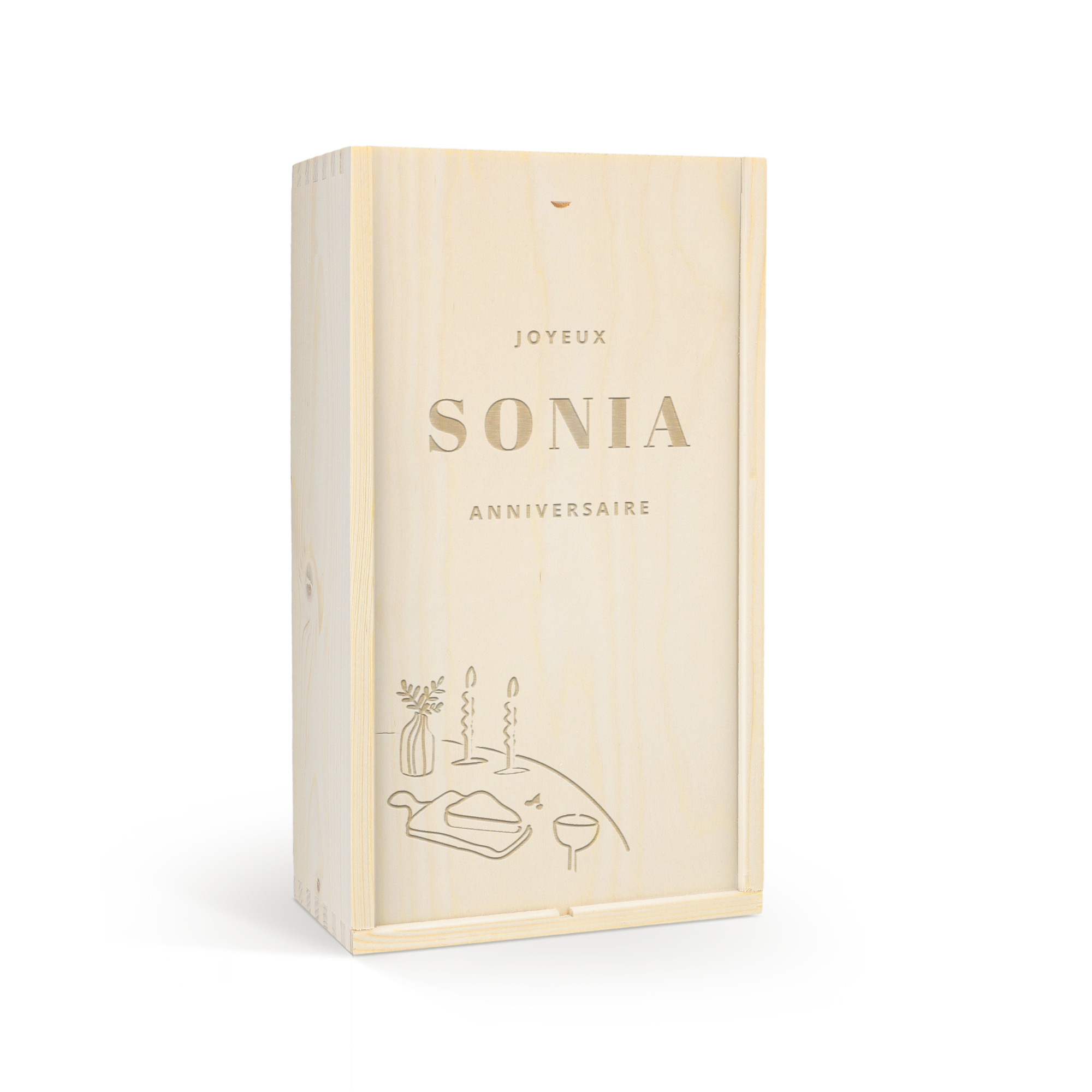 Coffret personnalisé en bois gravé pour 2 bouteilles de vin avec "Joyeux Sonia Anniversaire"