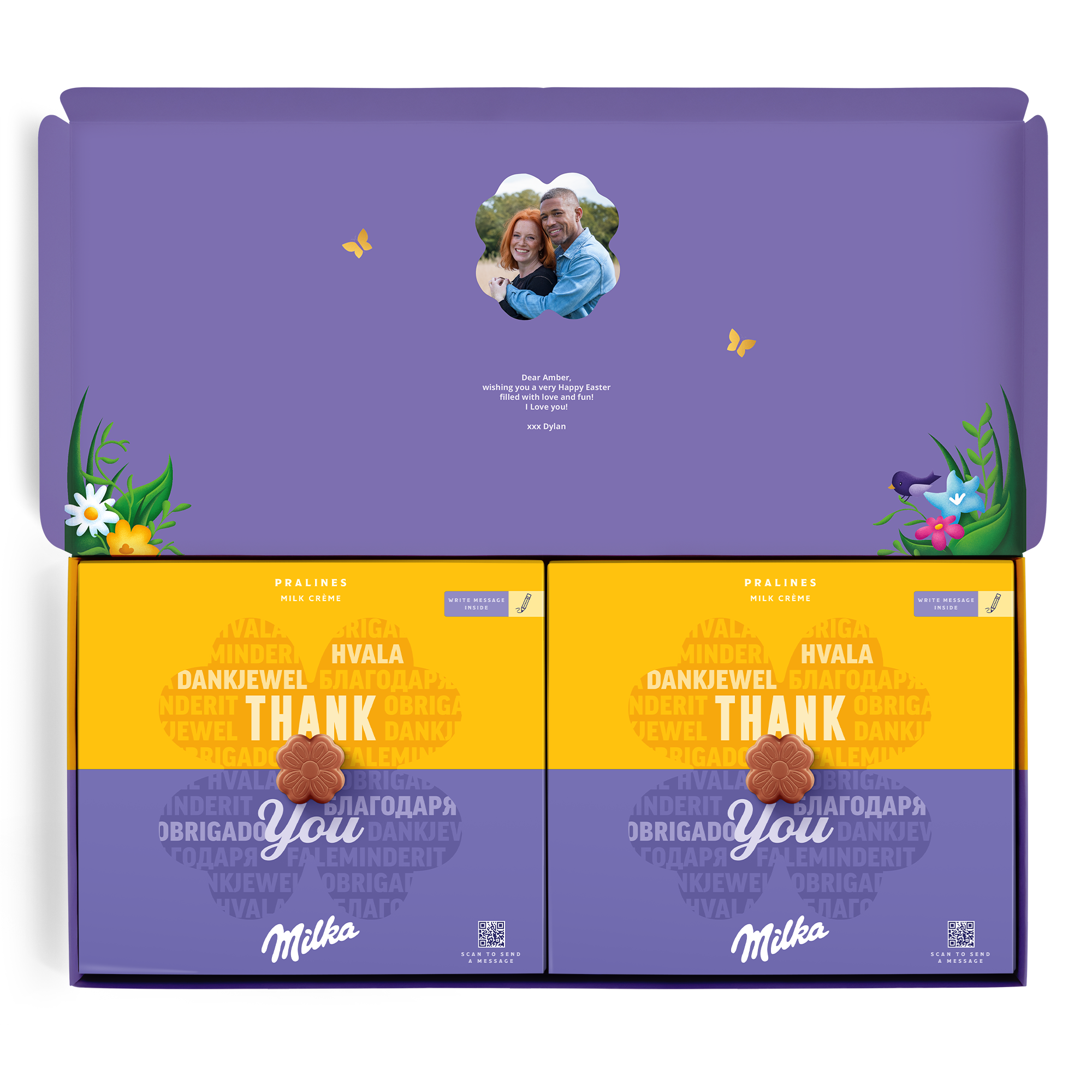 O cutie cadou personalizată Milka cu fotografia unui cuplu și mesajul de Paște Dear Amber, I Love you! xxx Dylan, tipărite pe copertă, ce conține două cutii de praline.