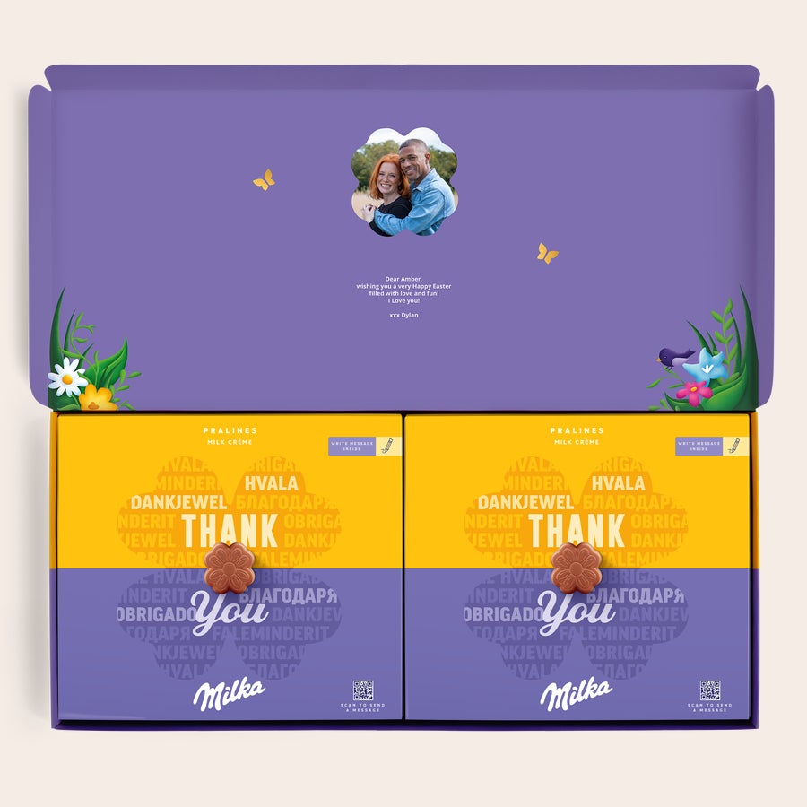 Caja de regalo ¡I love Milka! - Pascua Caja de regalo de chocolate Dilo con Milka personalizada, impresa con foto de pareja, mensaje y diseño floral.
