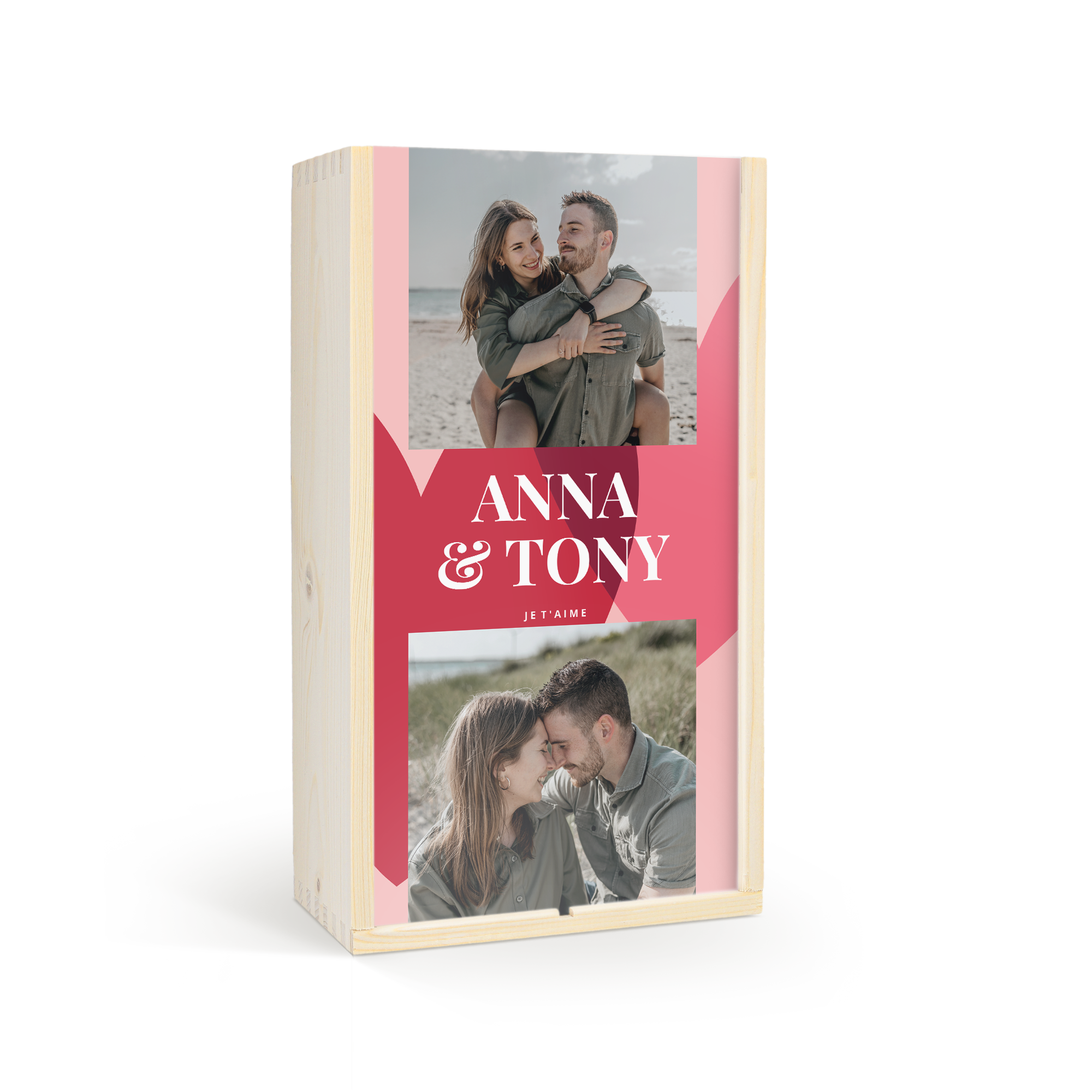 Offrez un coffret de Belvy rosé & blanc dans une caisse personnalisée avec photo et le texte Anna & Tony