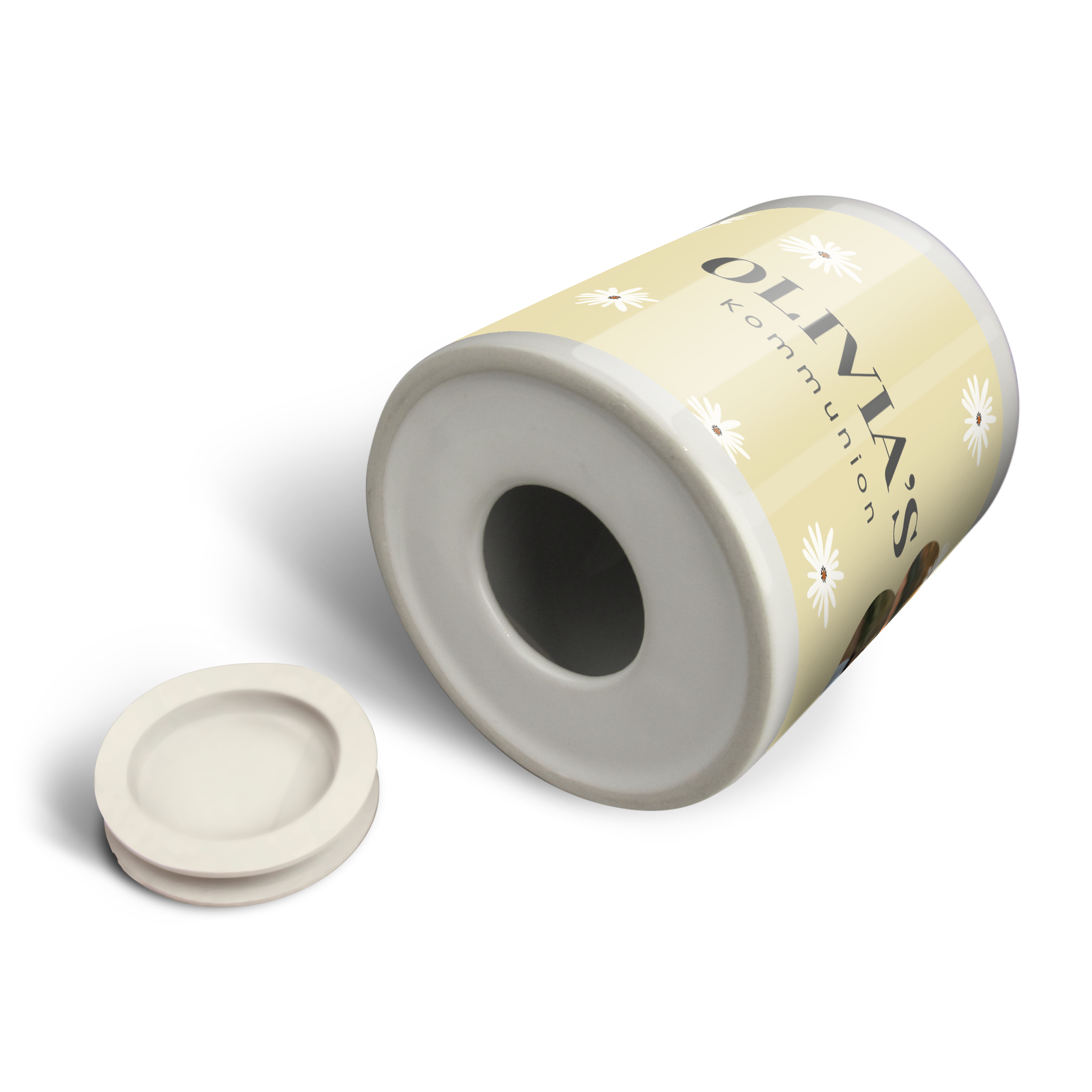 Keramik-Spardose zur Kommunion, bedruckt mit dem Namen Olivia und Kommunion und Margeriten-Muster, ideales Geschenk zur Kommunion