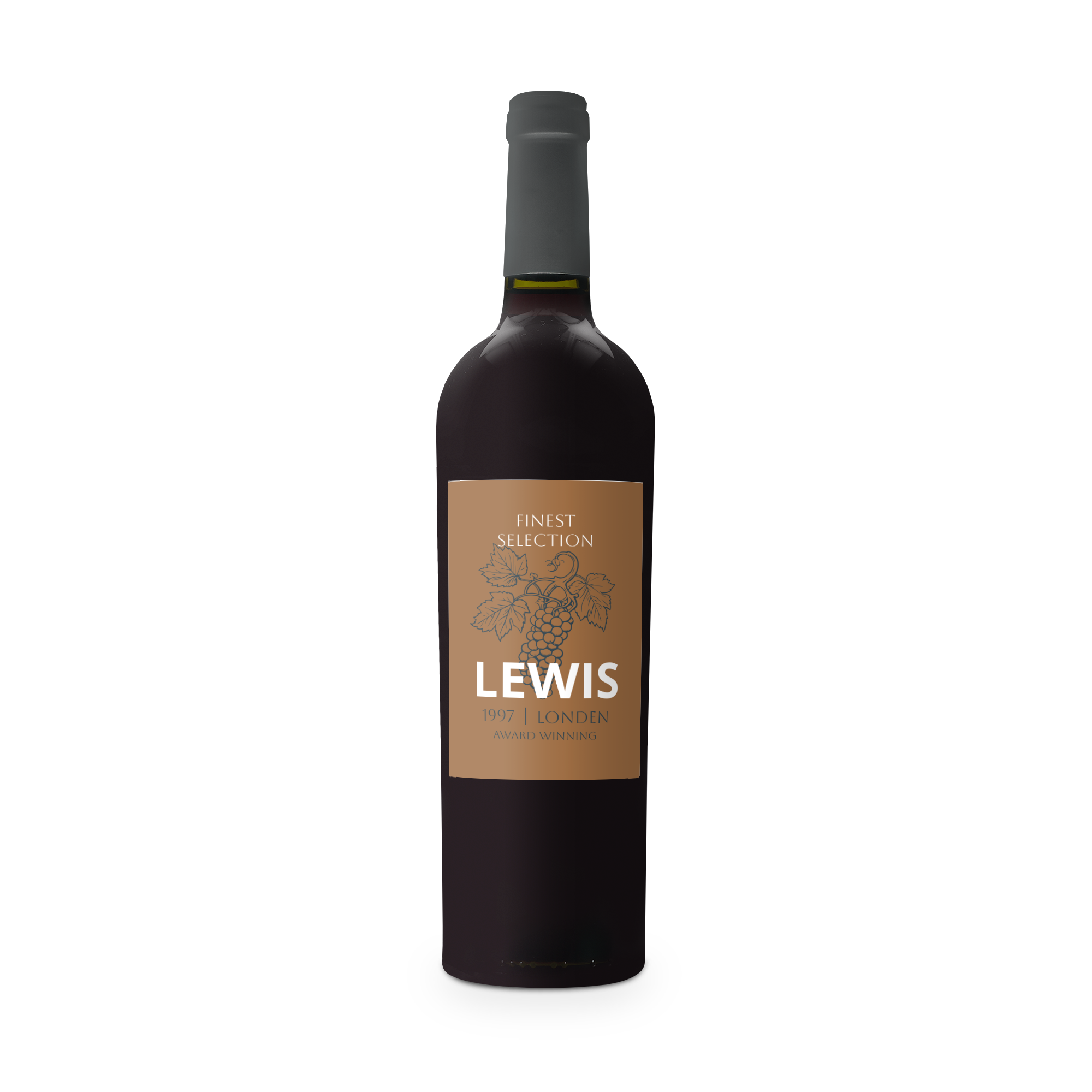 Fľaša Riondo Merlot s prispôsobeným štítkom s textom "LEWIS", rokom "1997", miestom "LONDEN" a "AWARD WINNING", navrhnite štítok pre vynikajúce víno Riondo Merlot.