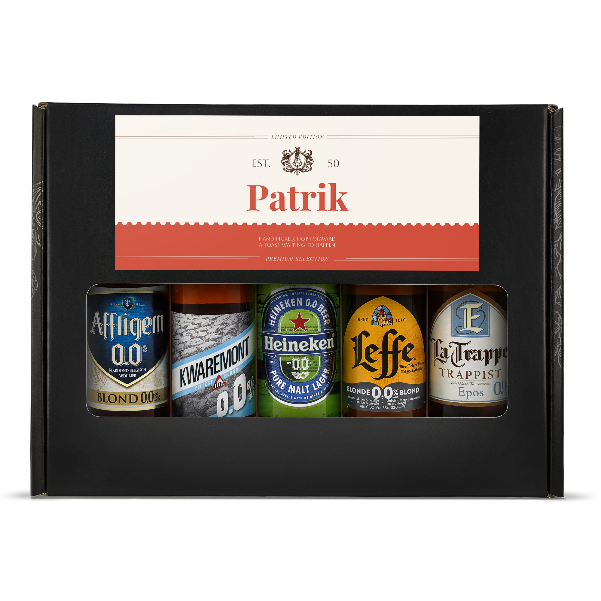 Personligt ölpresentset - Alkoholfritt med 5 flaskor och etikett tryckt med namnet Patrik.