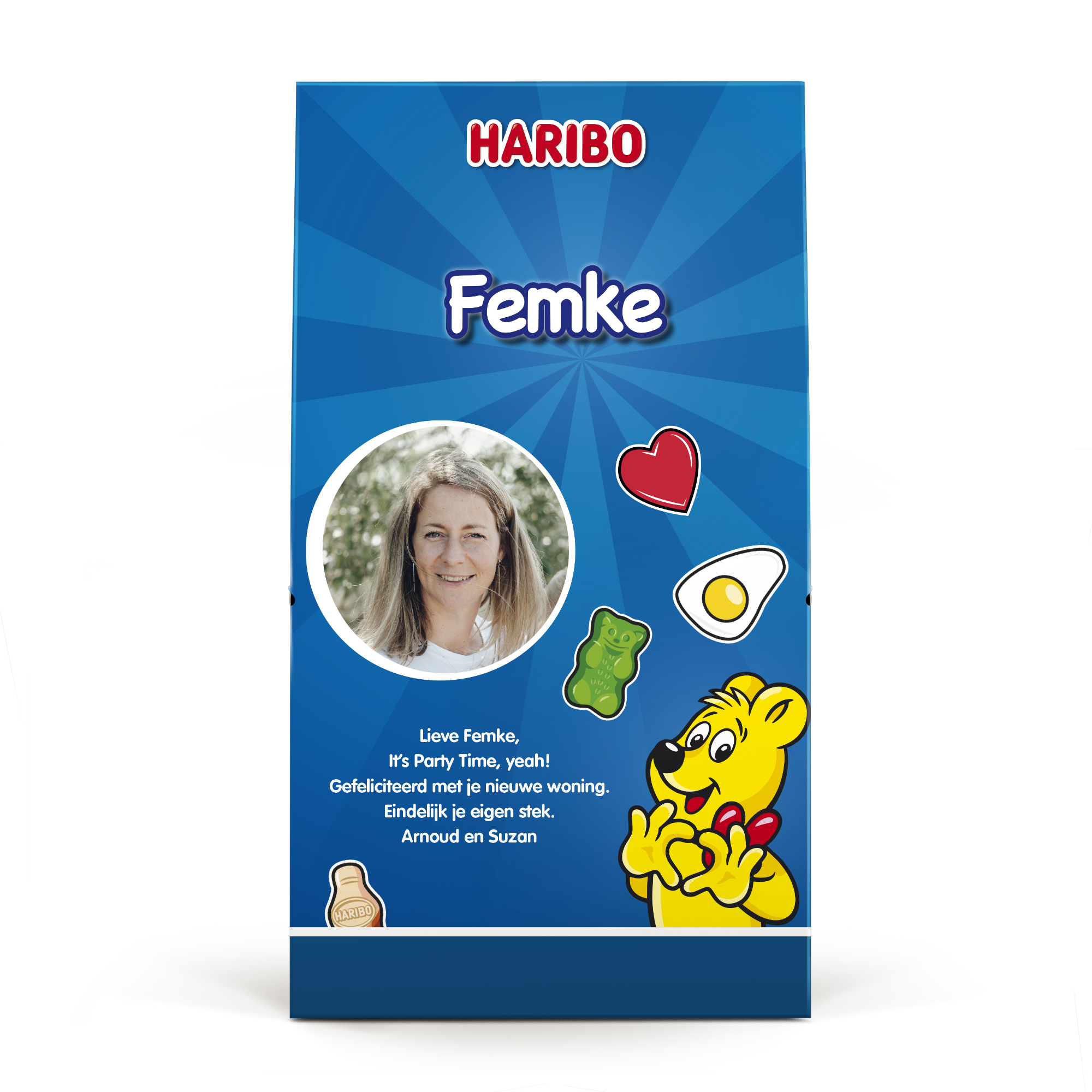 Blauwe gepersonaliseerde XL Haribo pouch, bedrukt met een foto, de naam Femke en een tekst