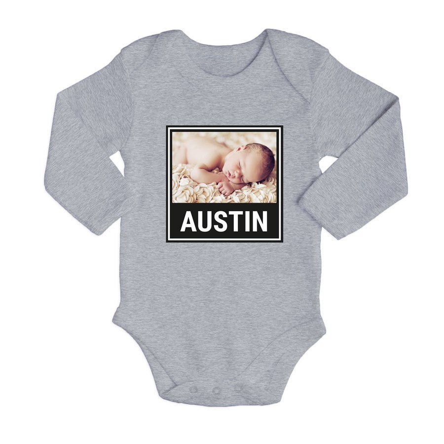 Personalised baby romper - Long sleeves - Grey - 50/56
