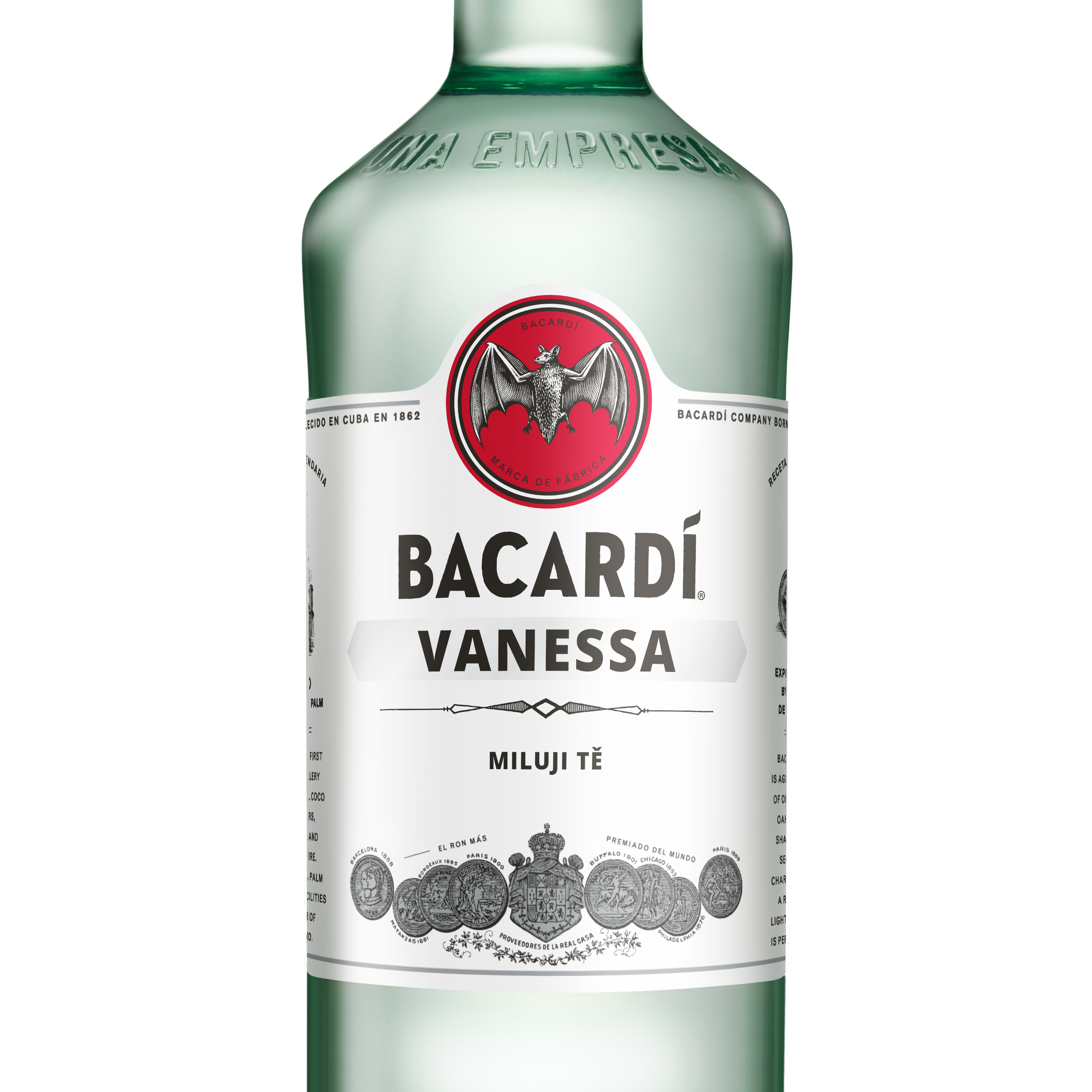 Láhev Bacardi Carta Blanca s osobním štítkem, jménem Vanessa a vzkazem Miluji tě, skvělý dárek.