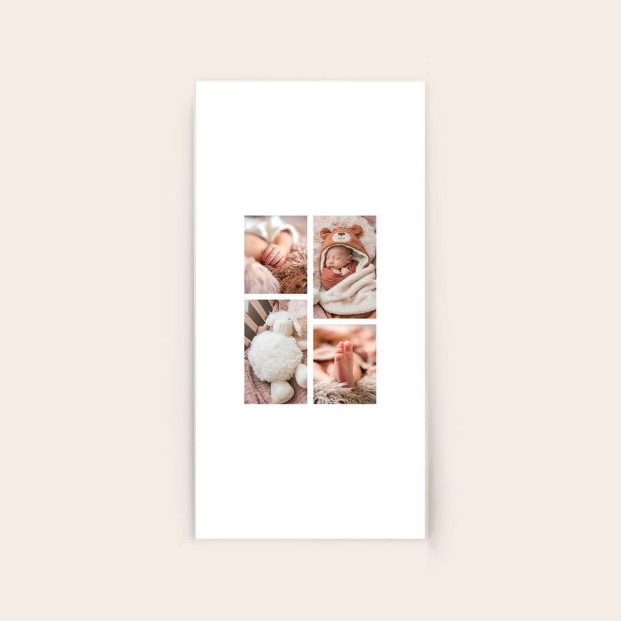 Photo on Acrylic Photo on acrylic with four personalized images of a baby, including hands, feet, and a full portrait.