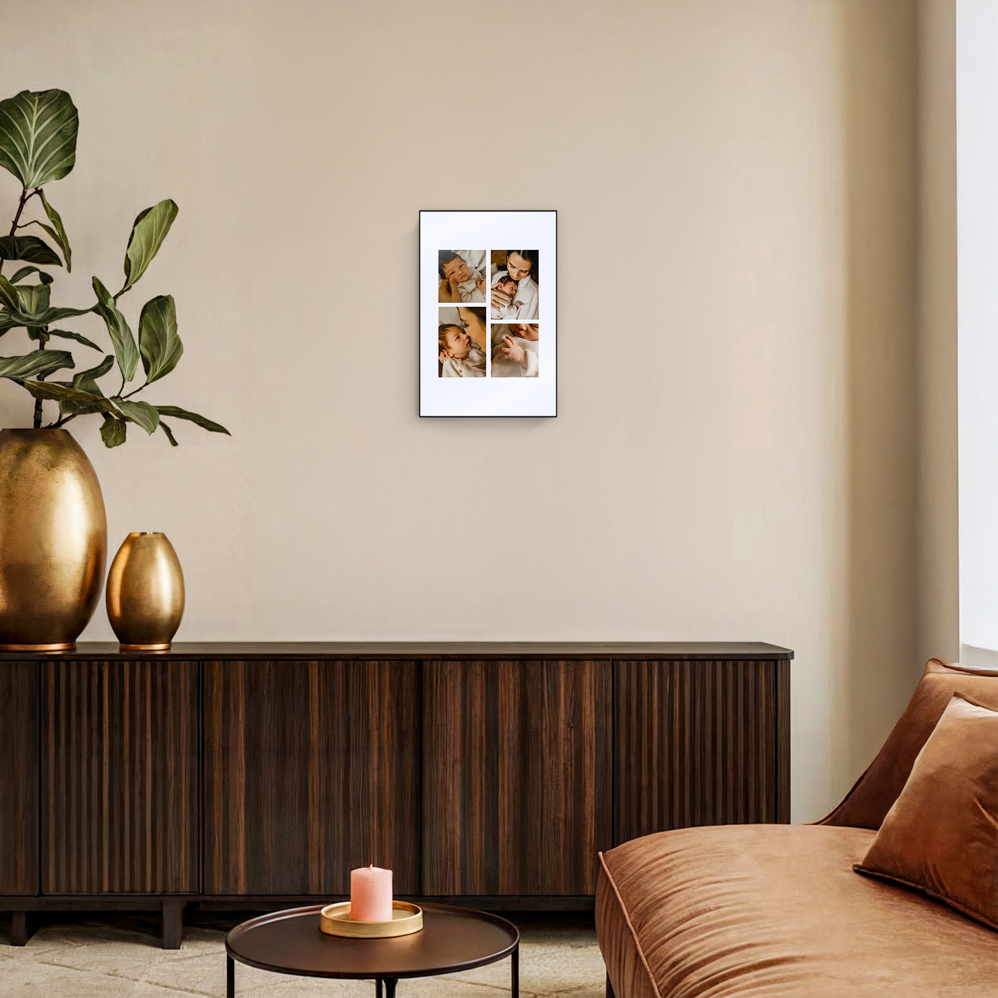 Panel fotográfico de madera ChromaLuxe con impresión personalizada de cuatro fotos de bebés, para sorprender a cualquiera.