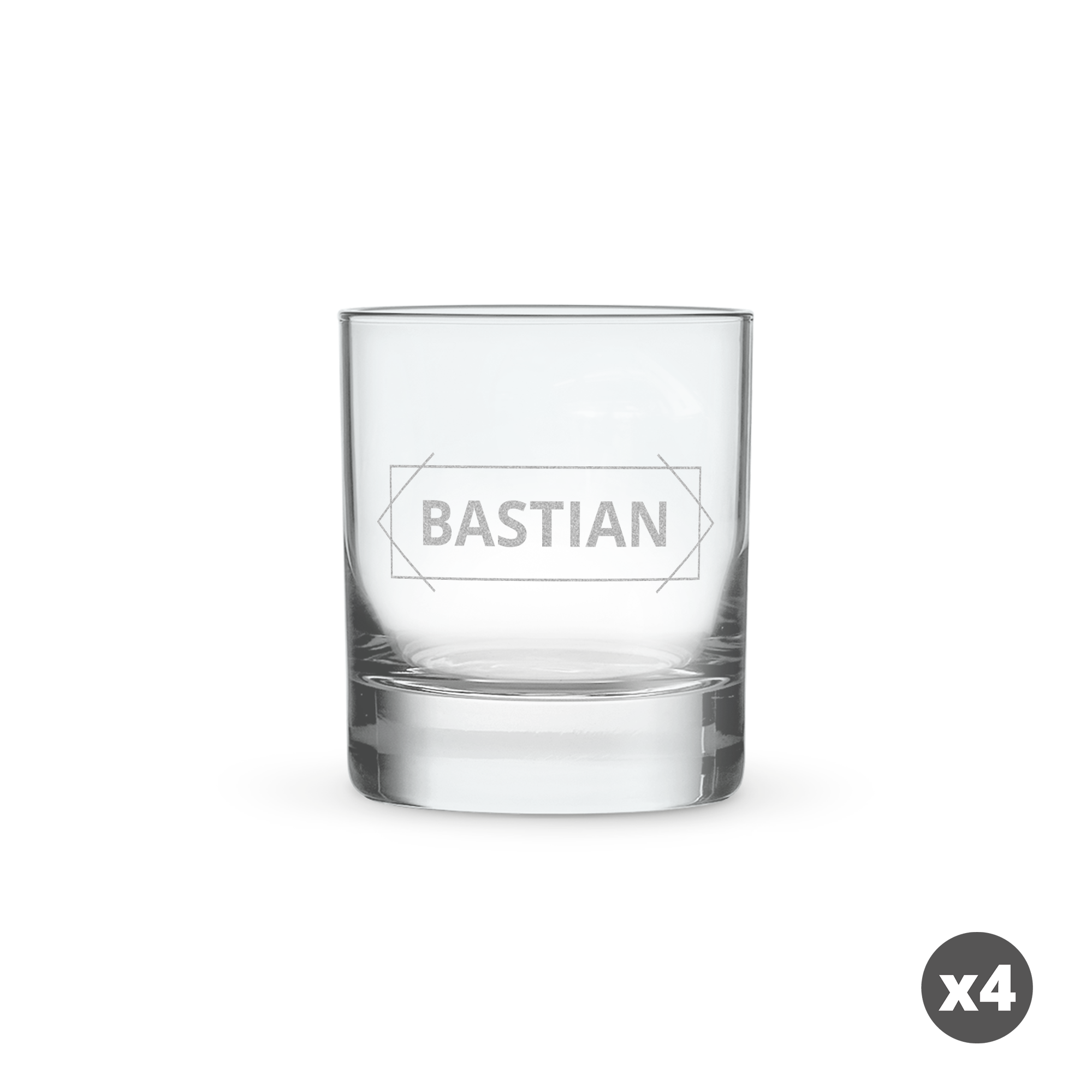 Personalisierter Tumbler für Whisky, graviert mit dem Namen "BASTIAN" in einem geometrischen Rahmen.