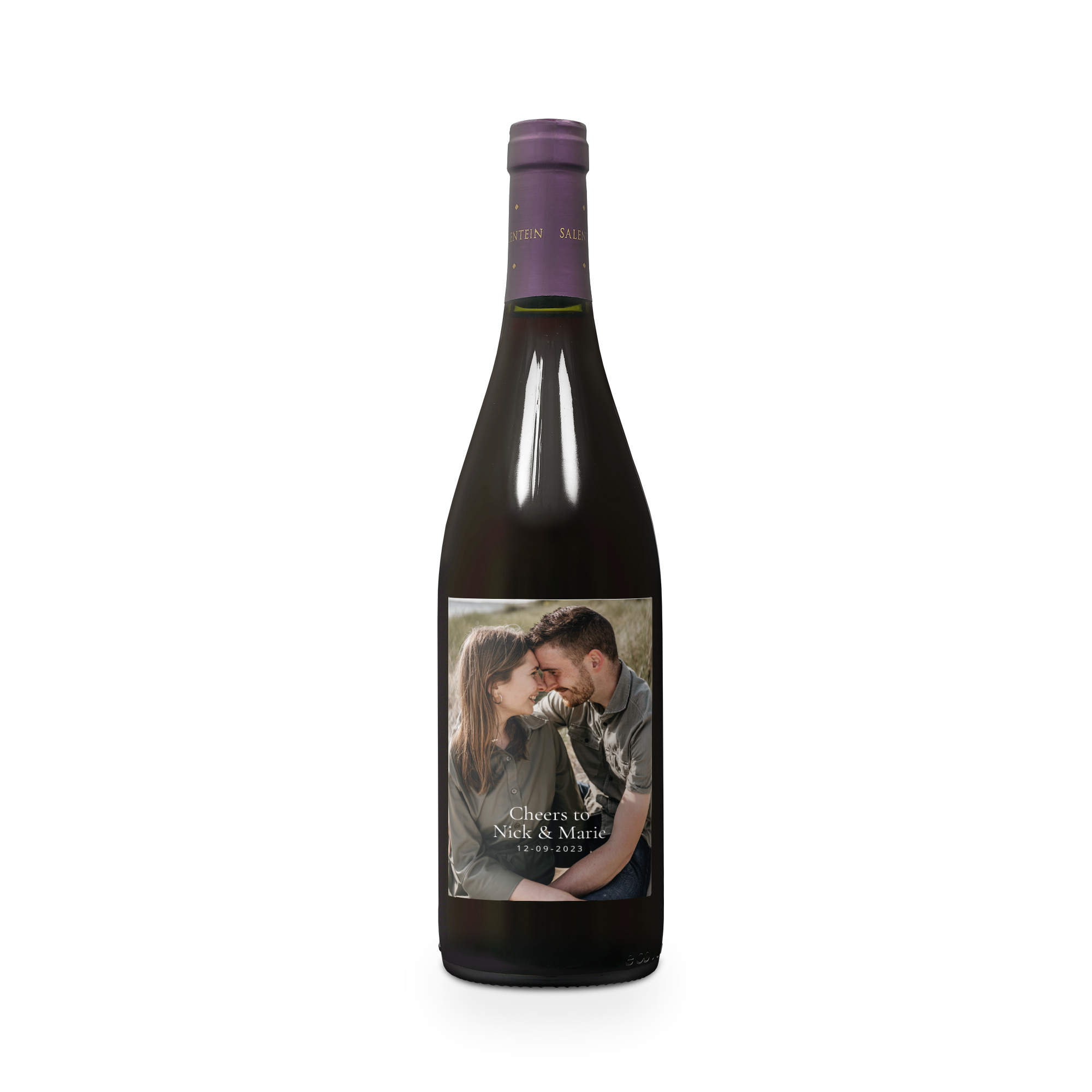 Salentein Pinot Noir with a personalized photo label featuring a couple and text that says Cheers to Nick & Marie 12-09-2023