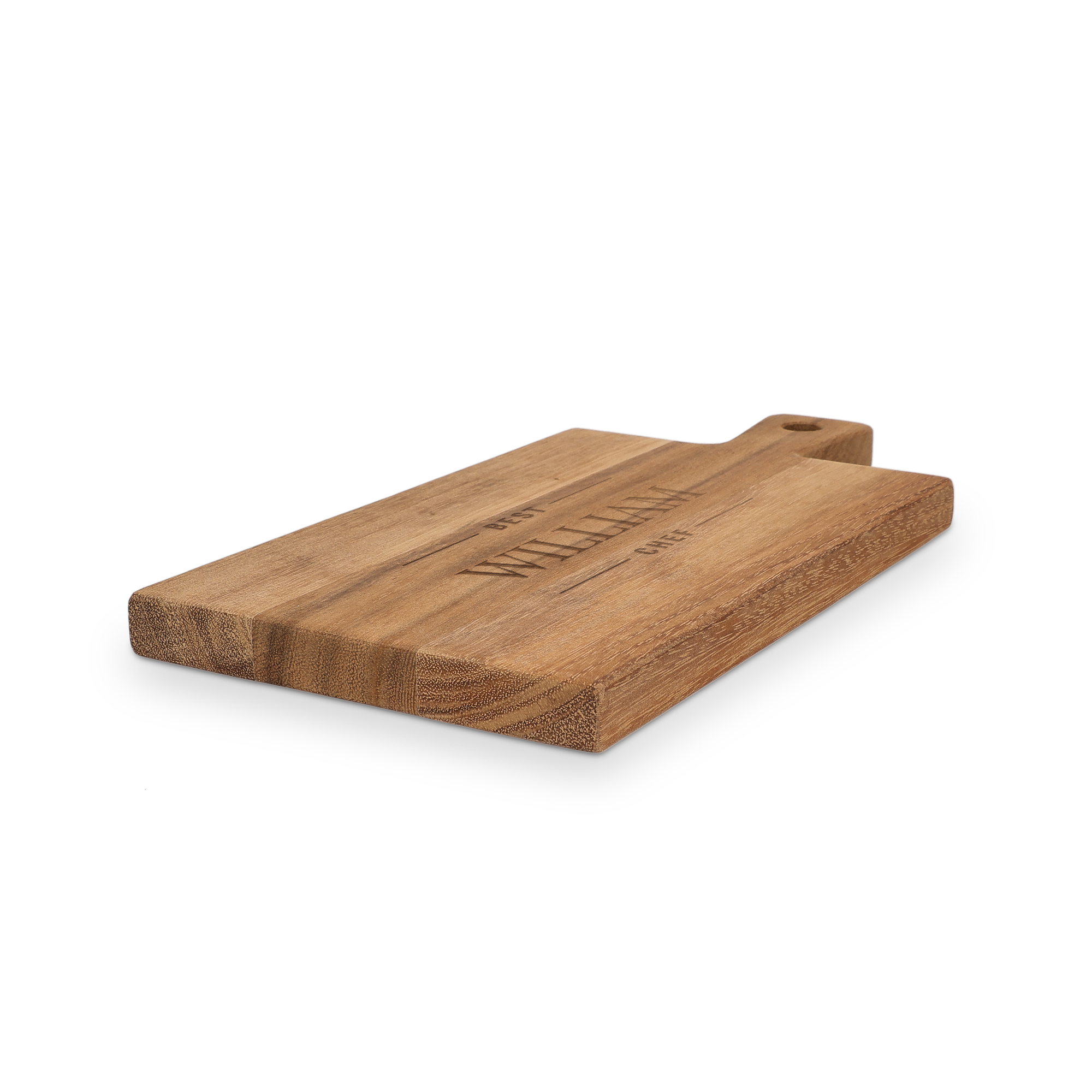 Tábua de madeira personalizada gravada com o nome William, perfeita para servir os teus snacks favoritos nesta tábua de madeira.