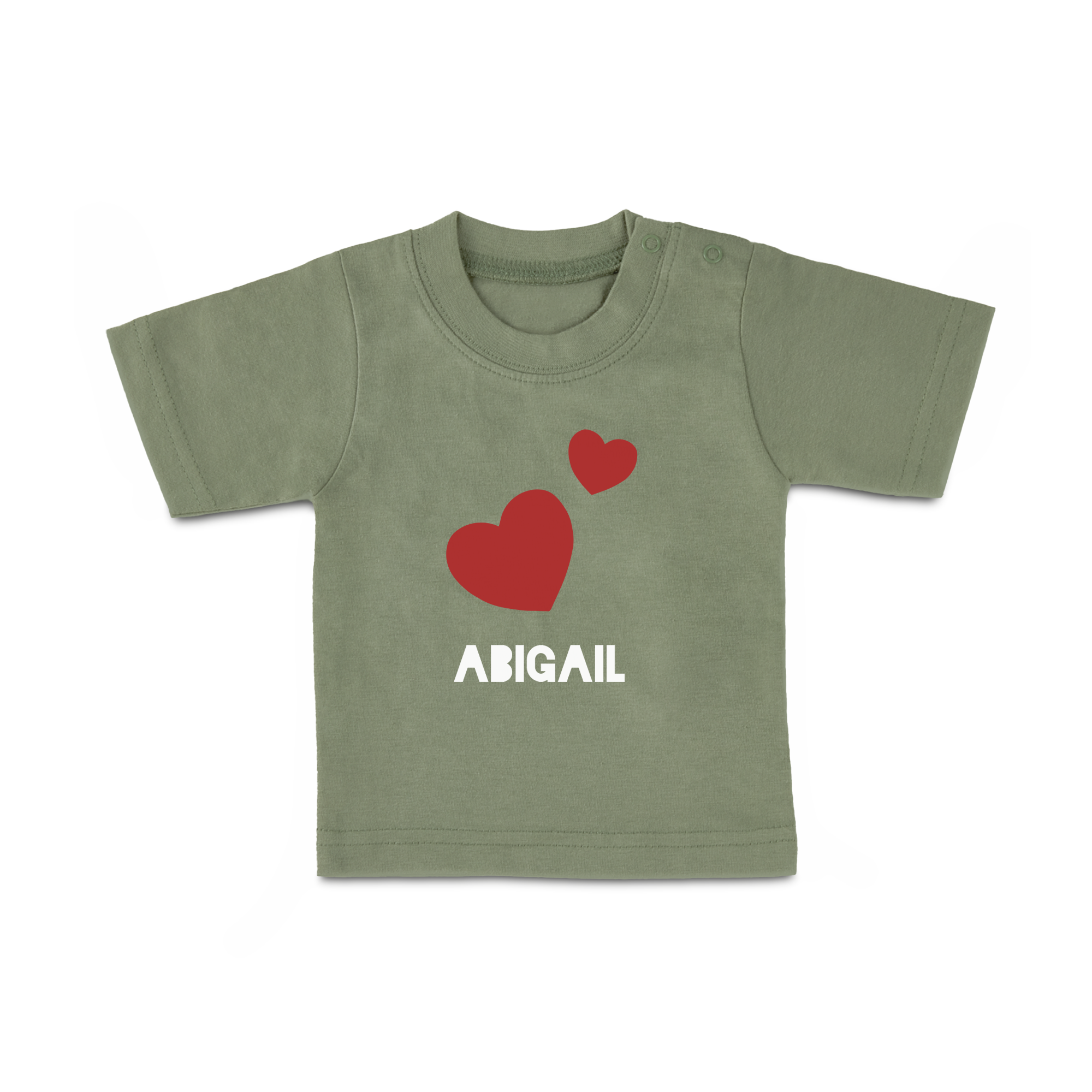 Maglietta neonato verde personalizzata con il nome ABIGAIL e due cuori rossi, un capo per il tuo bimbo super togo