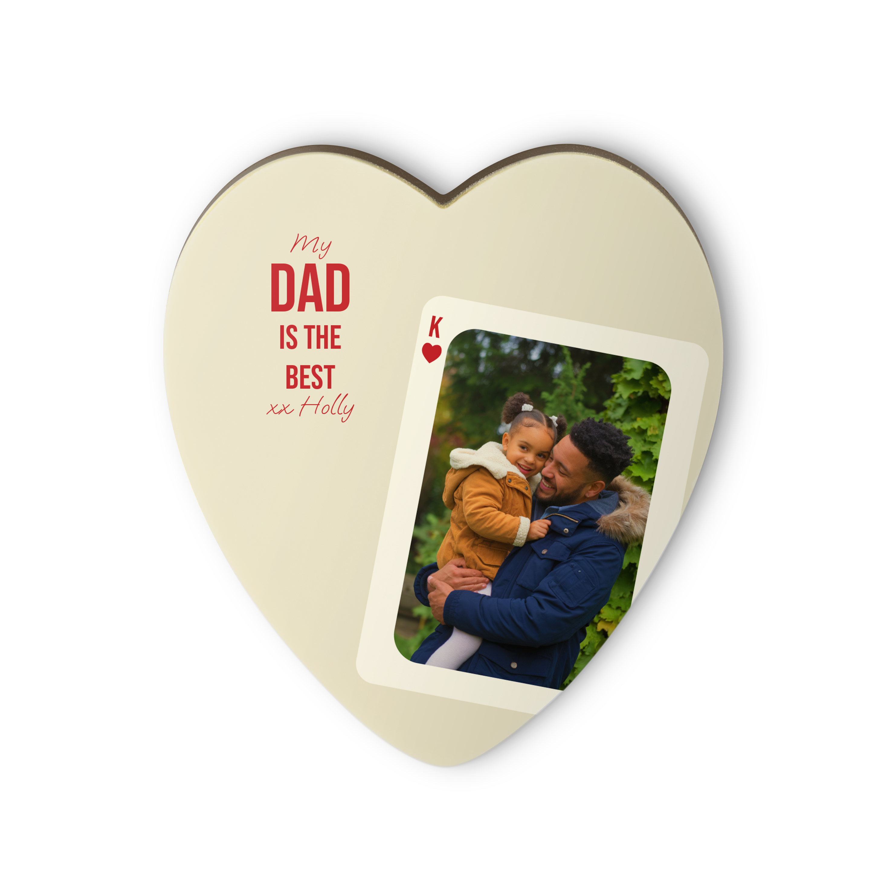 Cartão de chocolate em forma de coração com a foto de pai e filha, texto "My Dad is the best xx Holly" impresso.