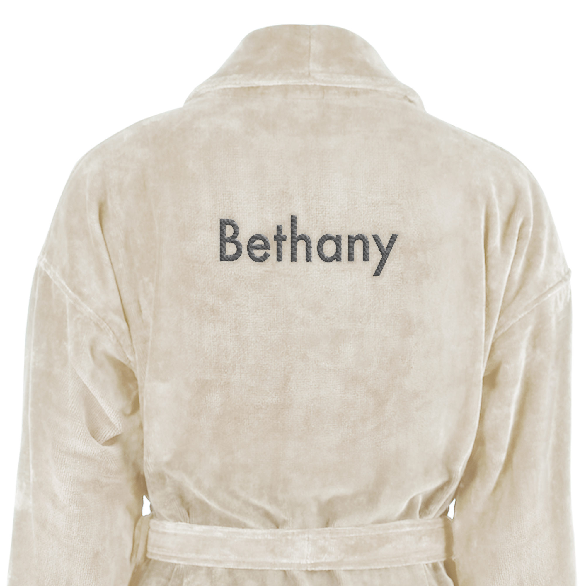 Luxurious personalized bathrobe in cream with the name Bethany embroidered on the back