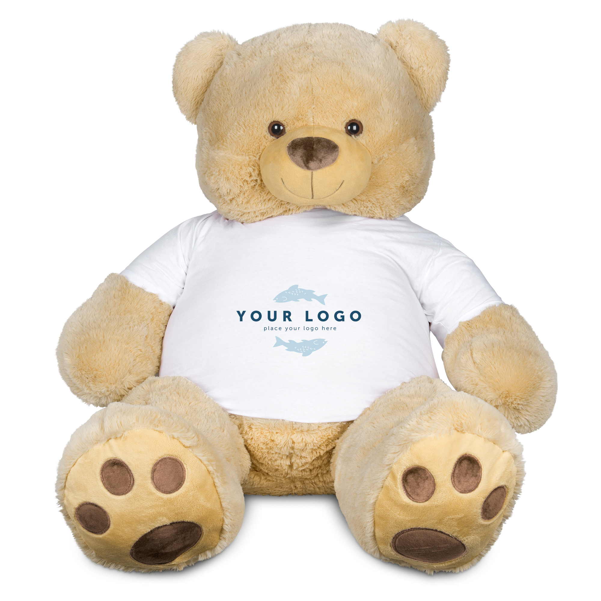 Gepersonaliseerde teddybeer xxl met een wit T-shirt bedrukt met jouw logo en twee blauwe vissen.