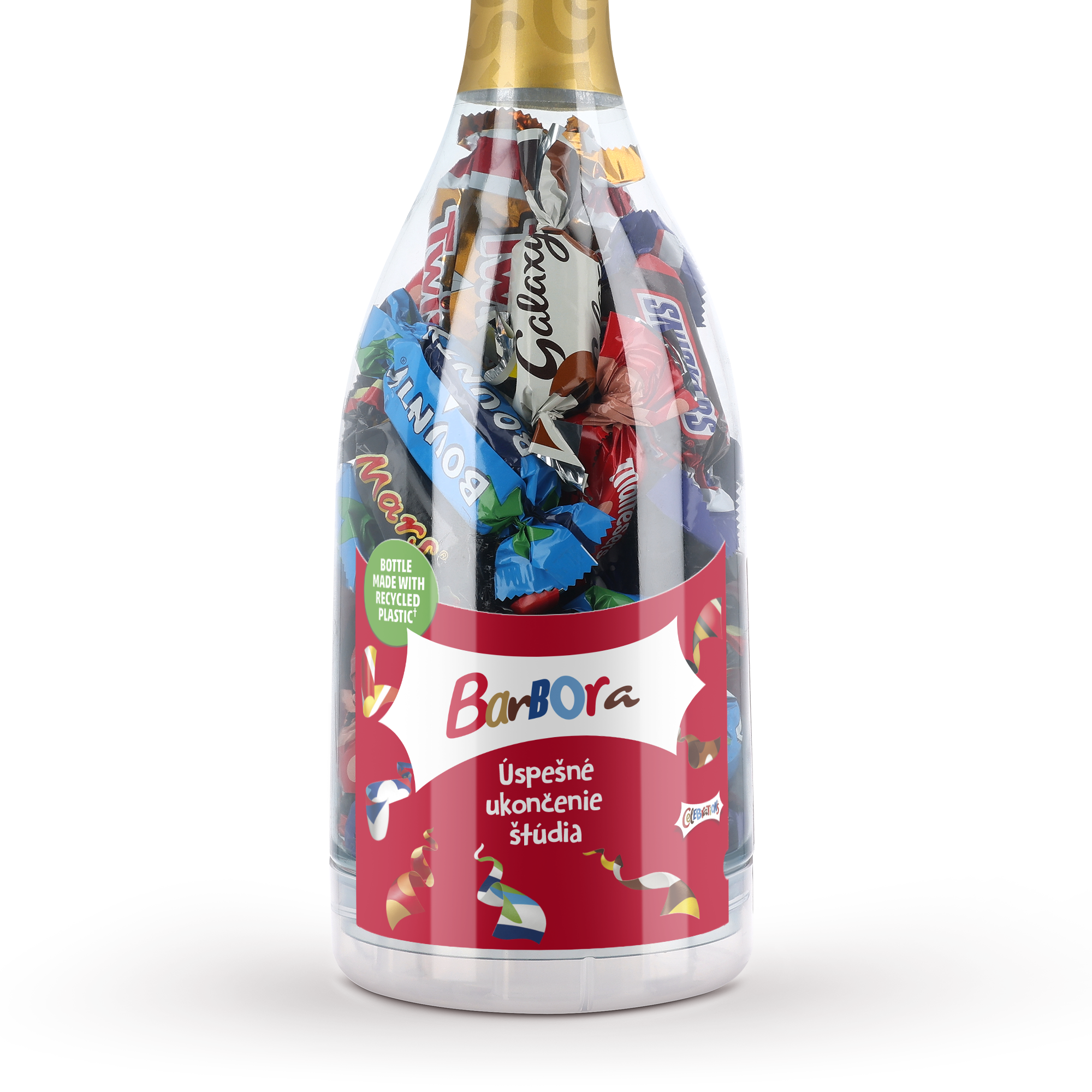 Personalizovaná krabička Celebrations v tvare fľaše s čokoládami, s menom Barbora a textom úspešné ukončenie štúdia, tlačená na obale.