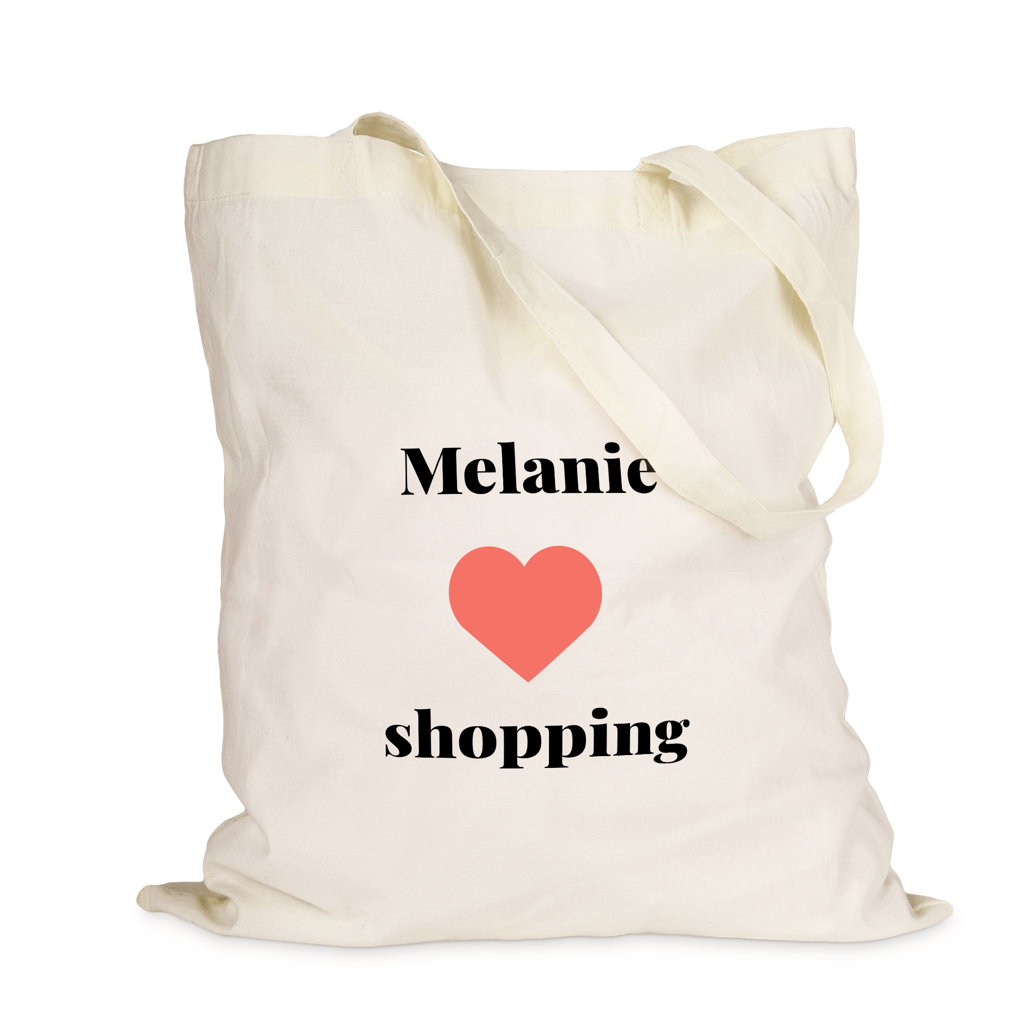 Saco de linho personalizado com nome Melanie, coração e shopping impresso