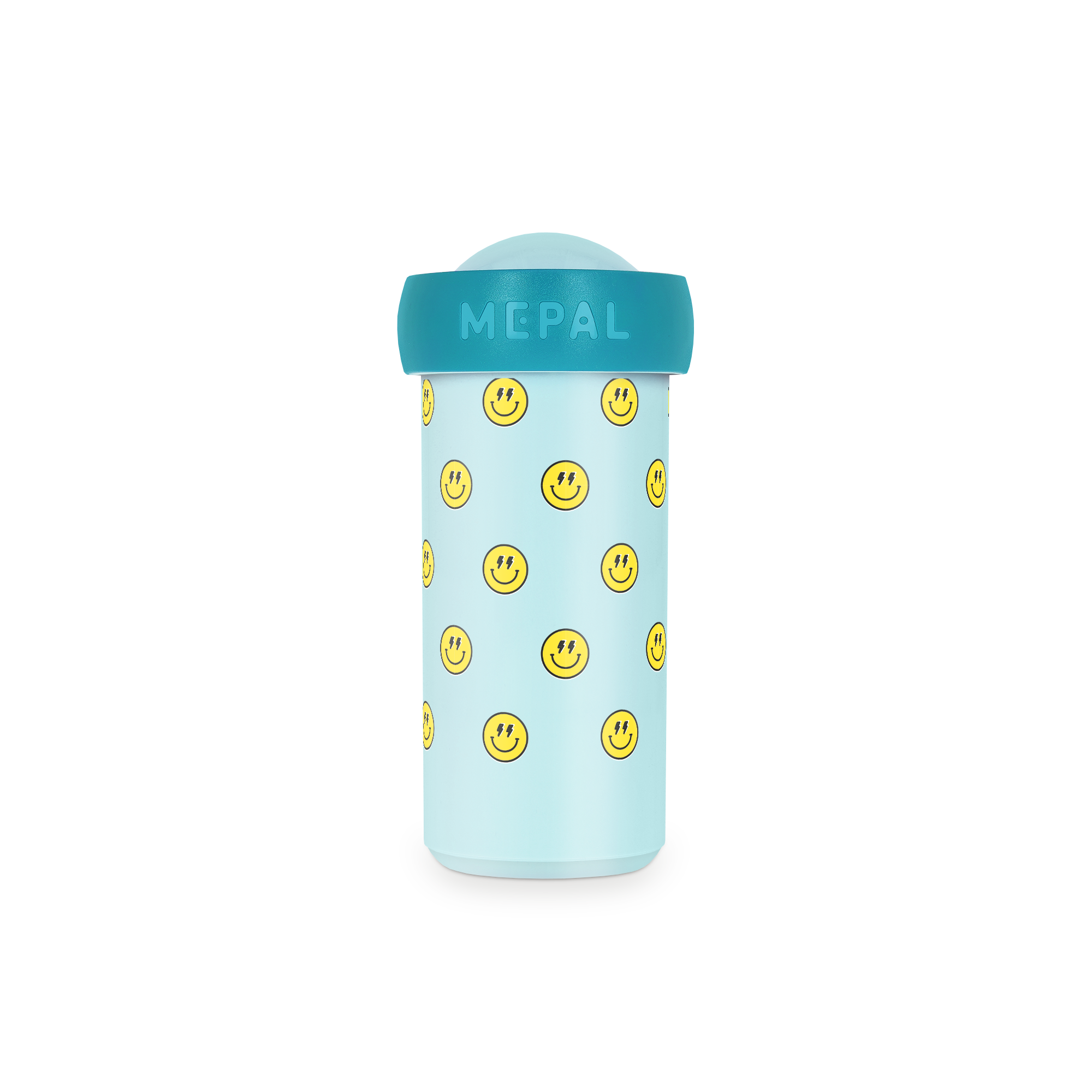 Personalisierter Schulbecher mit einem Muster aus gelben Smileys auf hellblauem Hintergrund, individuell bedruckt.