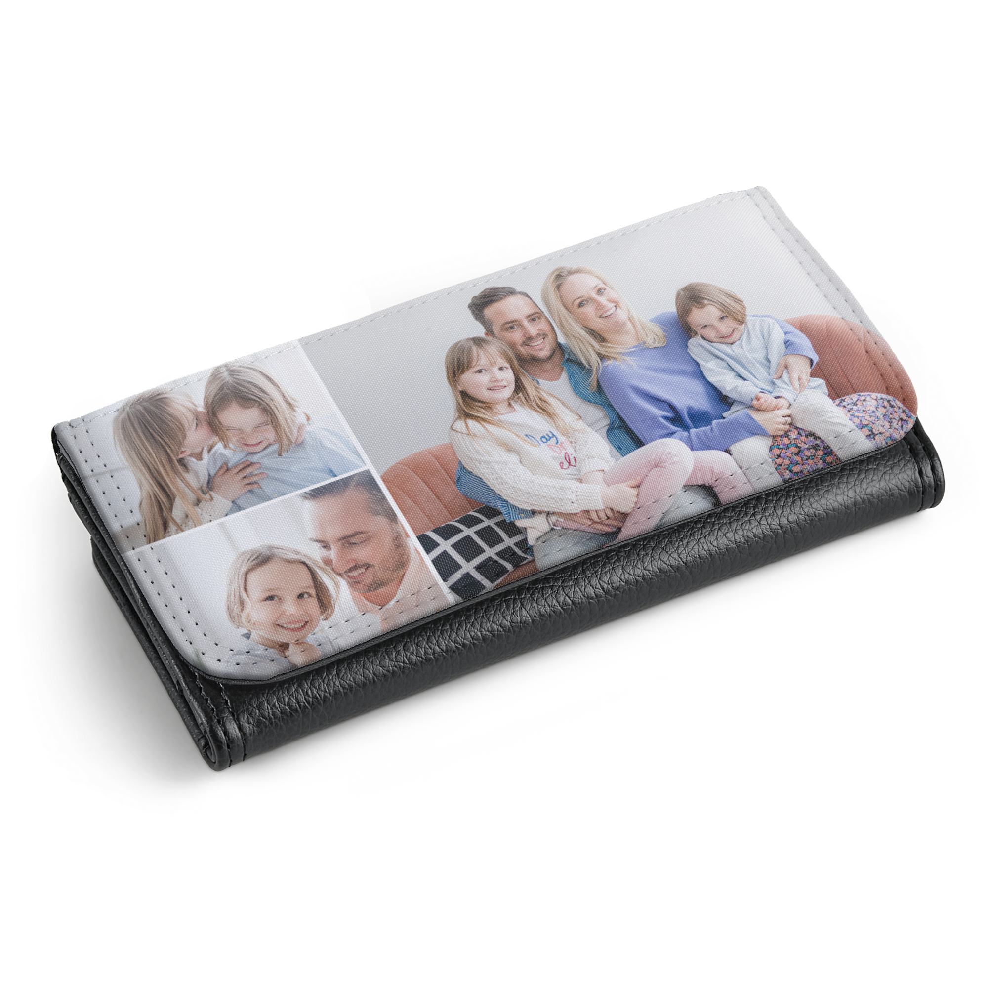 Stor plånbok i svart läderimitation med tryckt fotokollage av en familj på locket, en personlig present