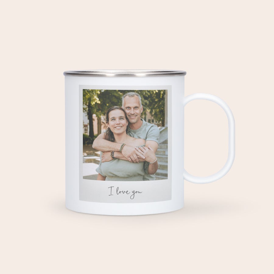 Personlig mugg - rostfritt stål Personlig lätt mugg i rostfritt stål med tryckt foto av ett leende par och texten I love you