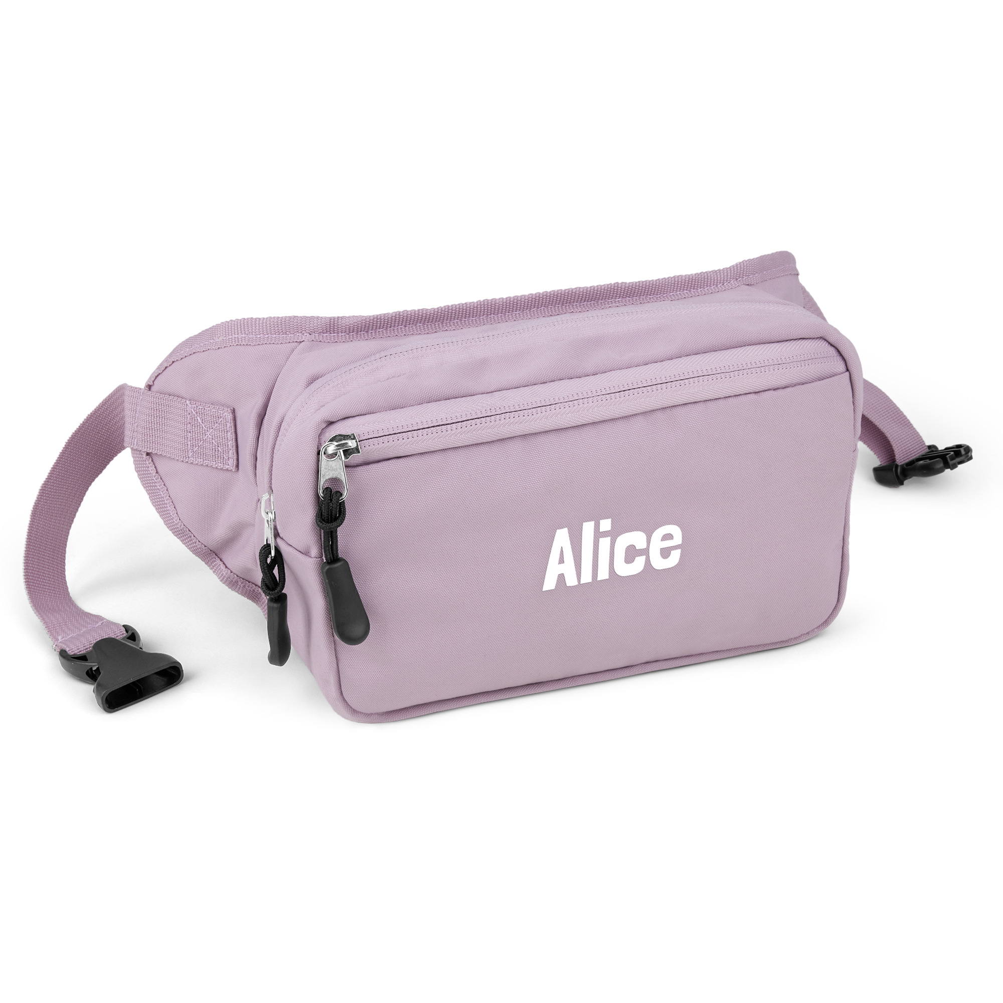 Riñonera personal lila con el nombre Alice impreso, correa ajustable y cierres negros.