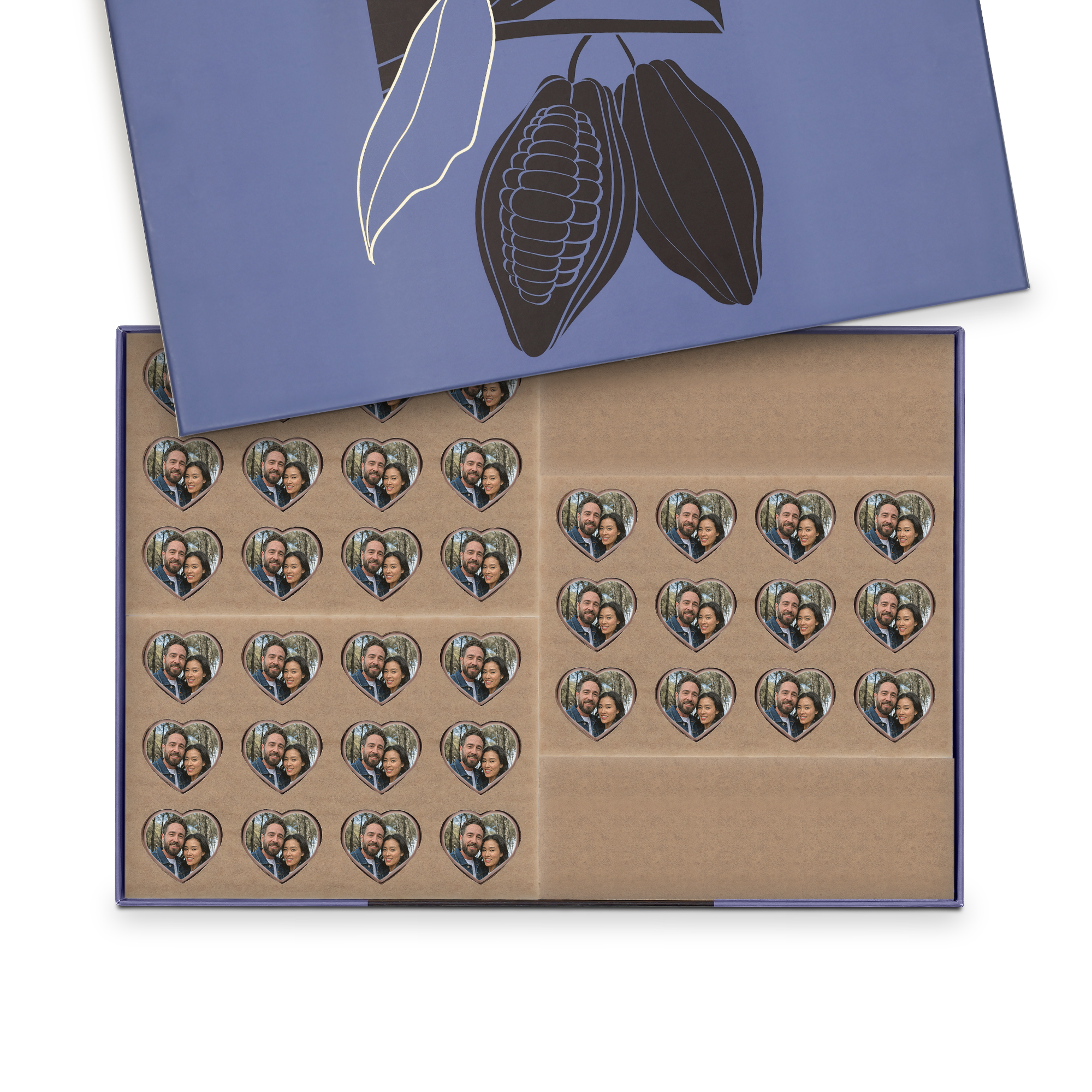 Personaliserede chokolader med parbilleder i hjerteformet gaveæske.