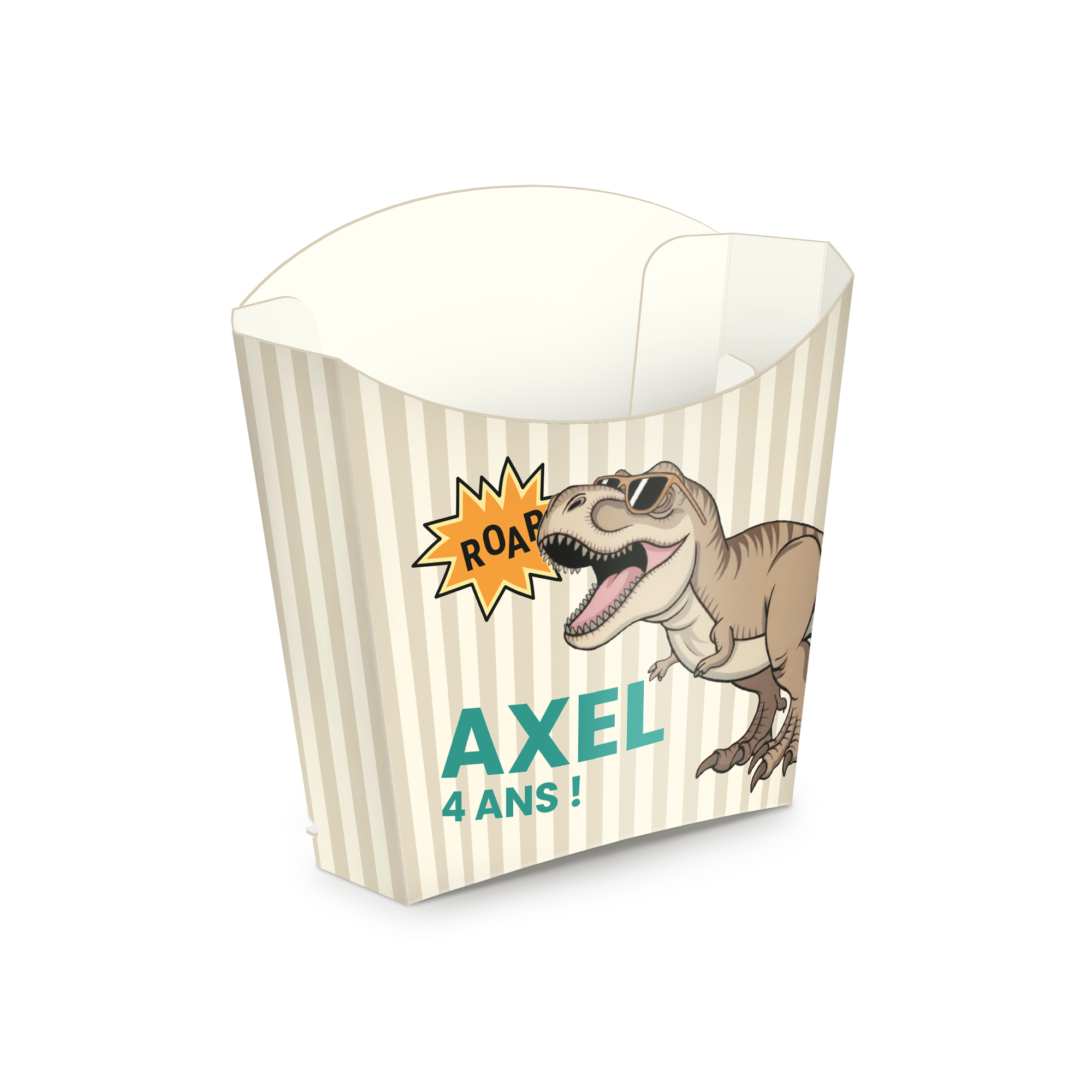 Boîte à pop-corn pour les fêtes - 8 pièces personnalisable, motif dinosaure, prénom Axel et âge 4 ans imprimés