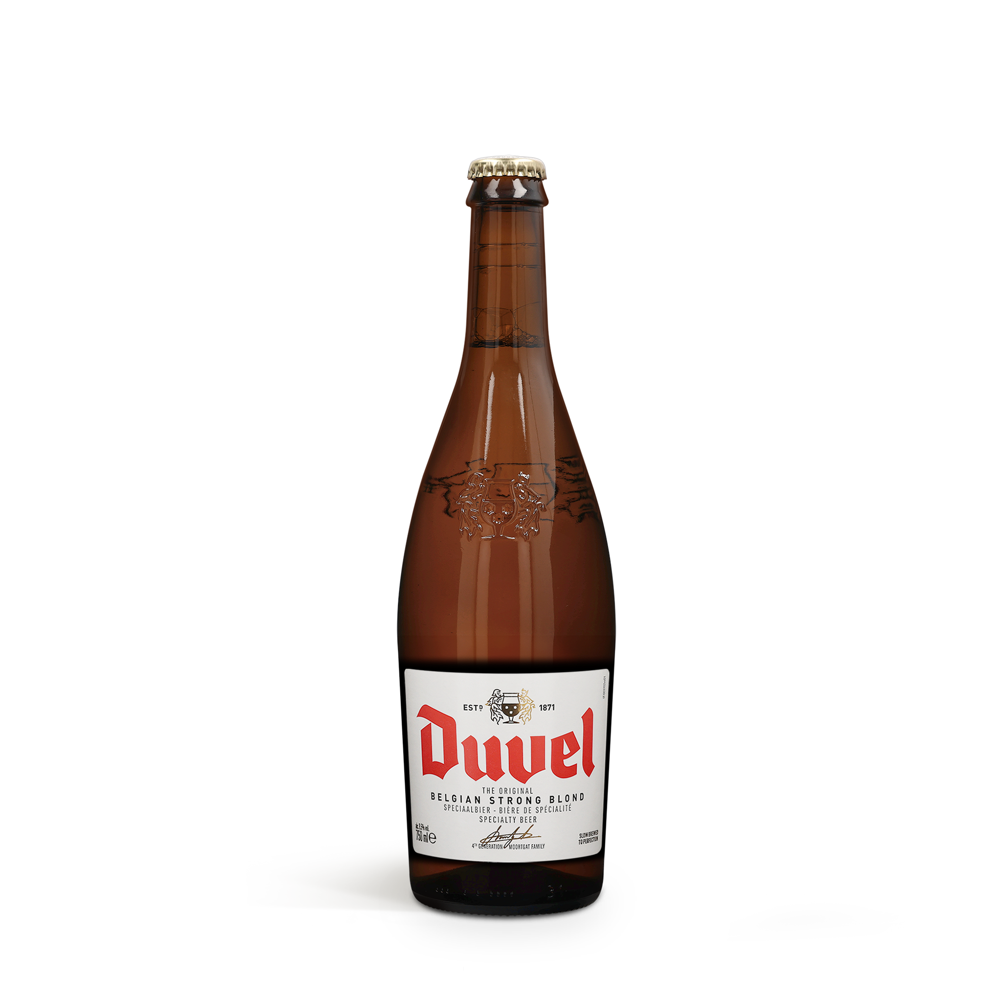 Botella de cerveza Duvel con etiqueta original. Es un regalo especial de cerveza para personalizar.