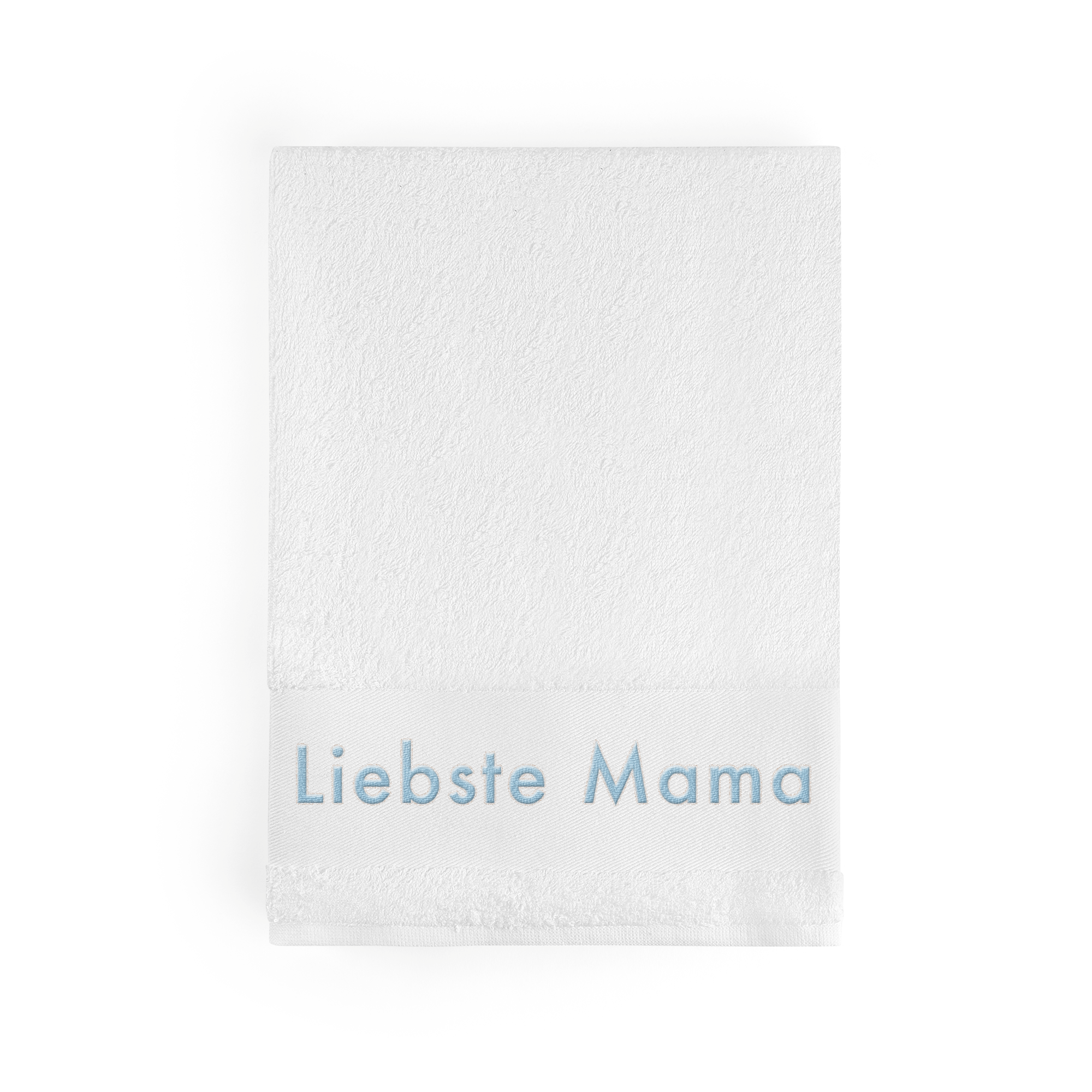 Weißes Handtuch mit "Liebste Mama" in Hellblau bestickt, ein personalisiertes Handtuch mit Namen
