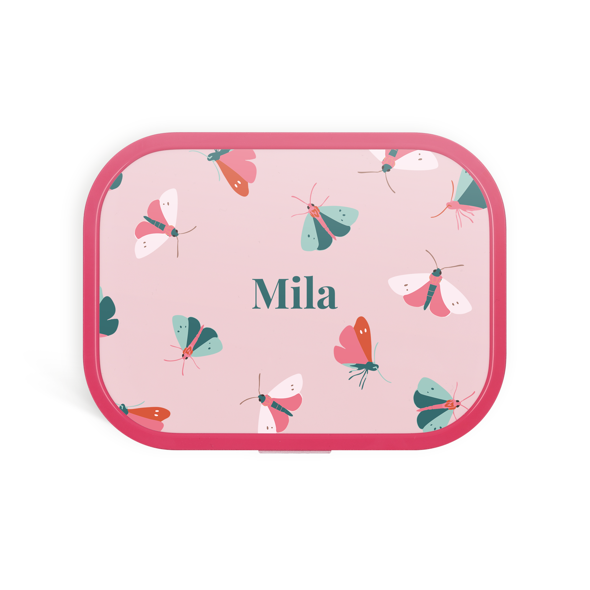 Personalisierte Mepal Brotdose mit bunten Motten und Namen "Mila" im Farbdruck. Mit ihrem Namen schmeckt's gleich noch besser.