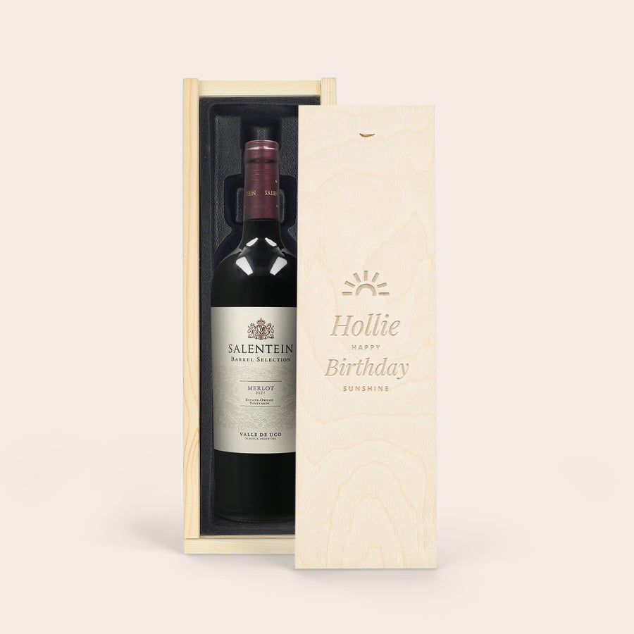 Vin Salentein Merlot personnalisé Coffret en bois gravé avec une bouteille de vin Salentein, personnalisé pour un anniversaire