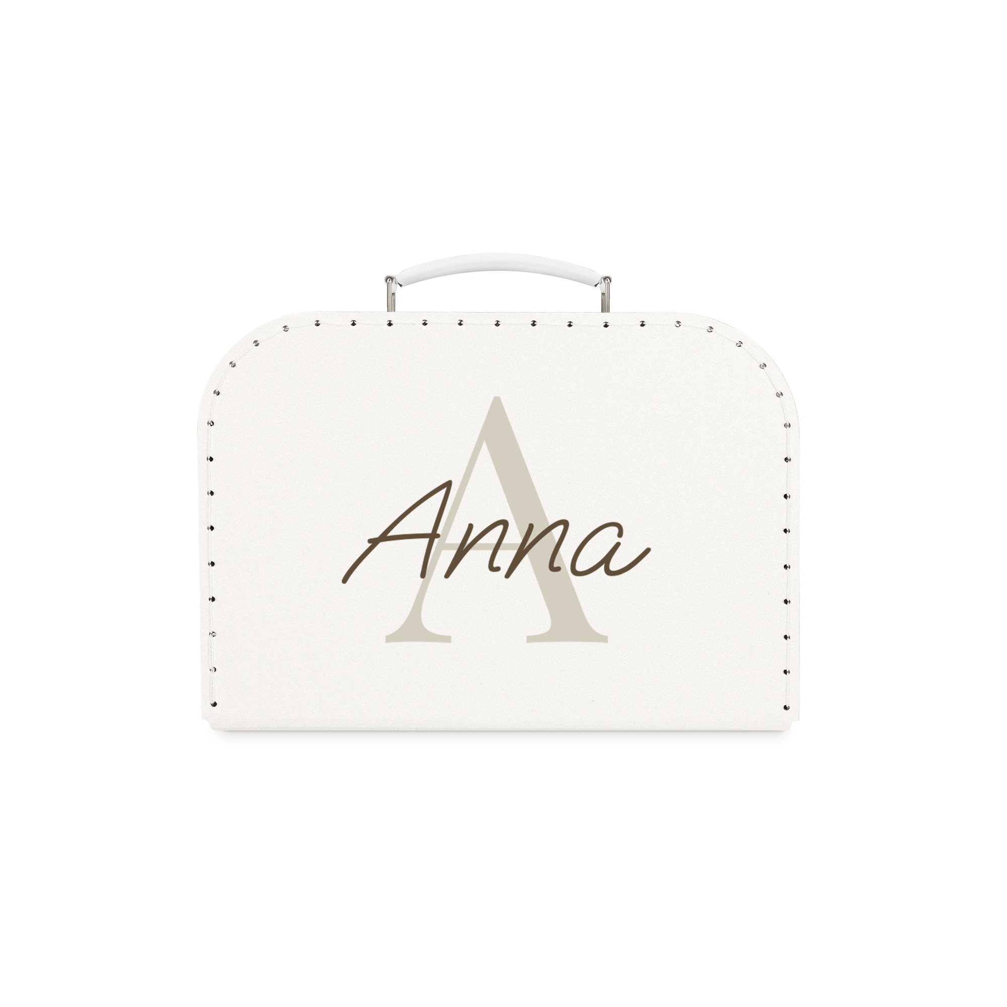 Witte kinderkoffer bedrukt met de naam Anna en een grote letter A, om al je mooiste spulletjes mee te nemen.