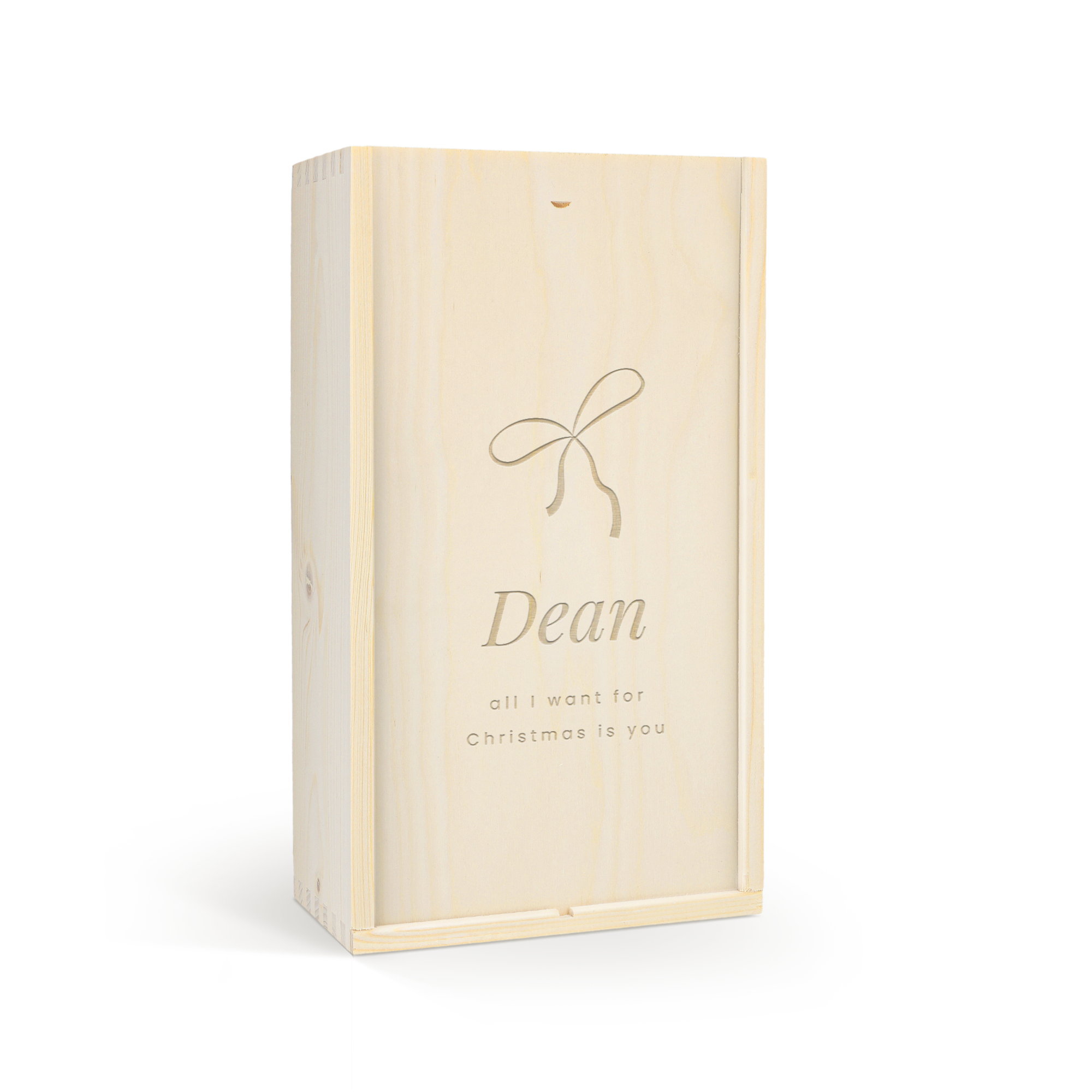 En graverad träask med en personlig design inklusive namnet Dean och texten all i want for Christmas is you