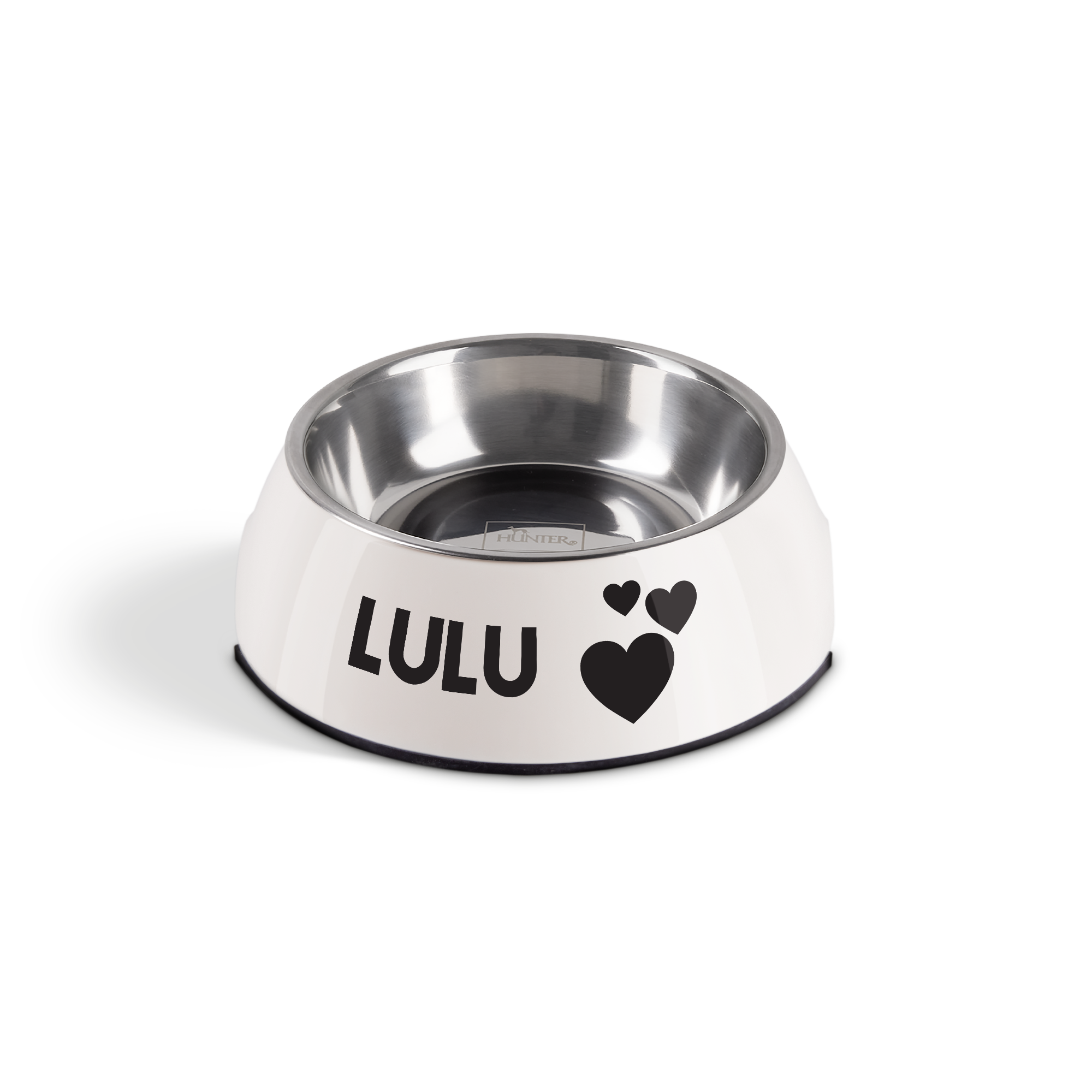 Witte gepersonaliseerde voerbak met de naam Lulu en hartjes bedrukt, van melamine en roestvrij staal.