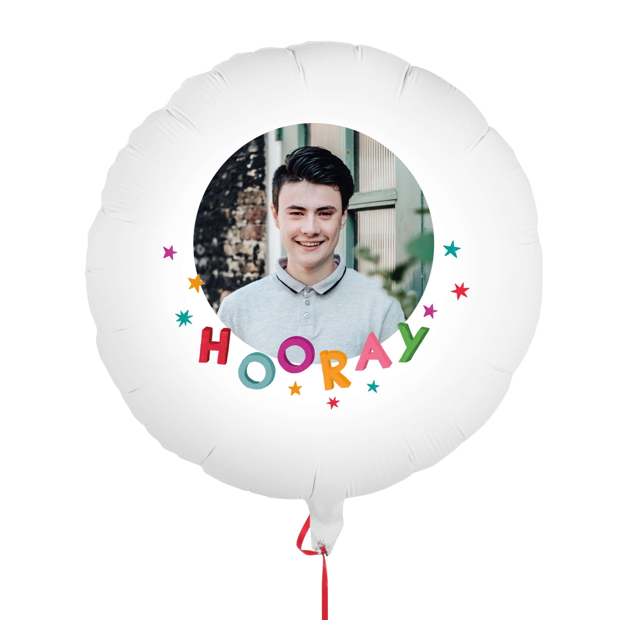 White customized balloon with a printed photo of a smiling boy and the word HOORAY in colorful letters. Send a customized balloon.