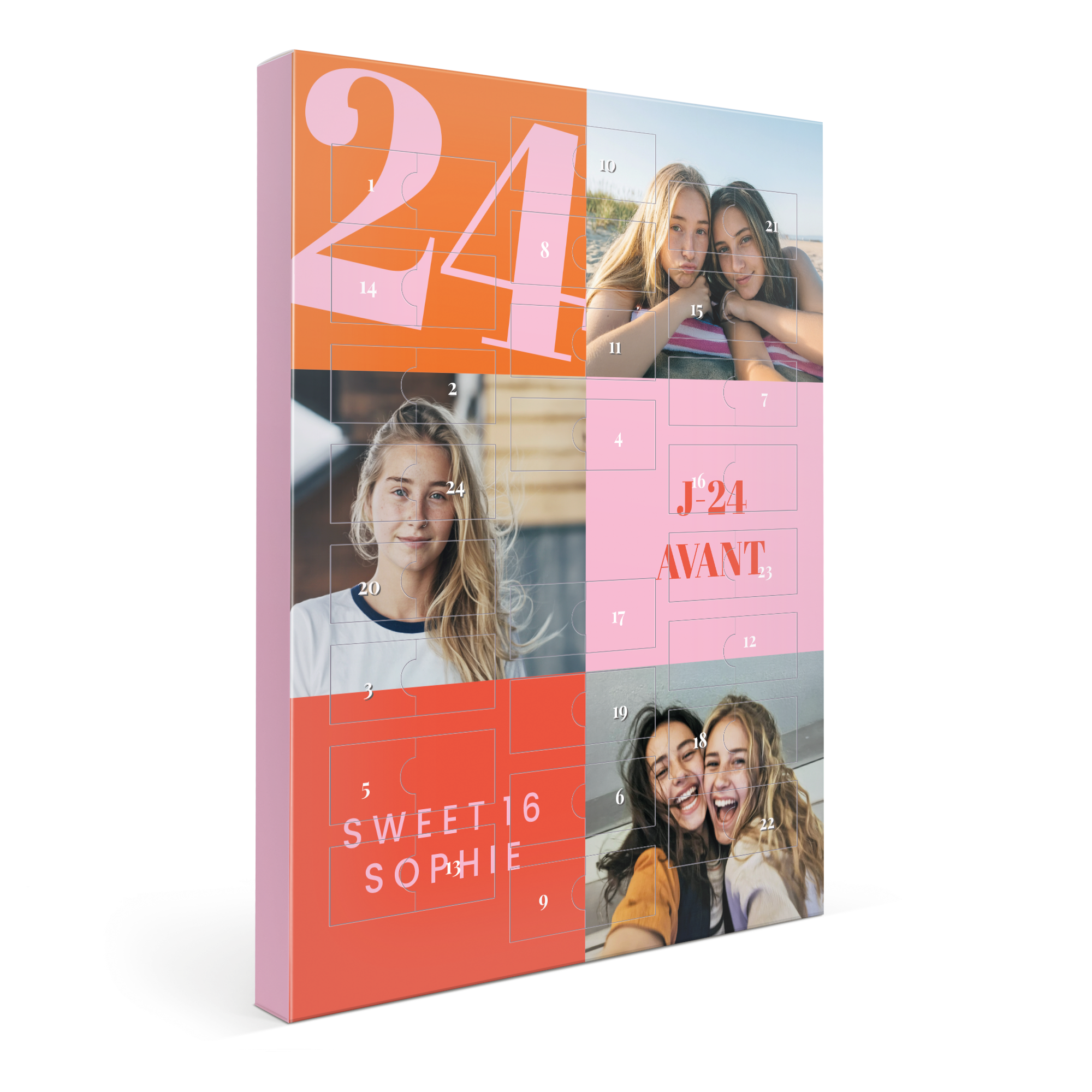 Calendrier de compte à rebours chocolat Kinder personnalisé avec des photos et le texte "J-24 AVANT", "SWEET 16 SOPHIE"