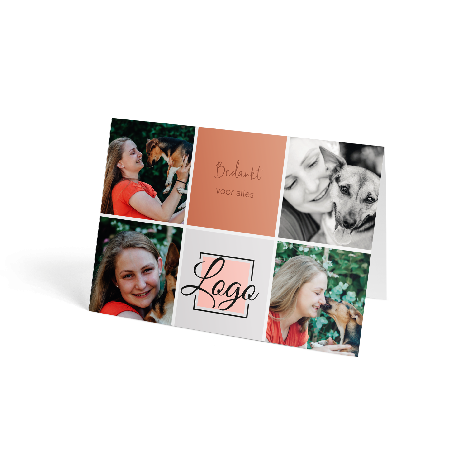 Persoonlijke kaart met ruimte voor eigen fotos en tekst zoals Bedankt voor alles en Logo. Perfect bij brievenbusbloemen met persoonlijke kaart - gele rozen.