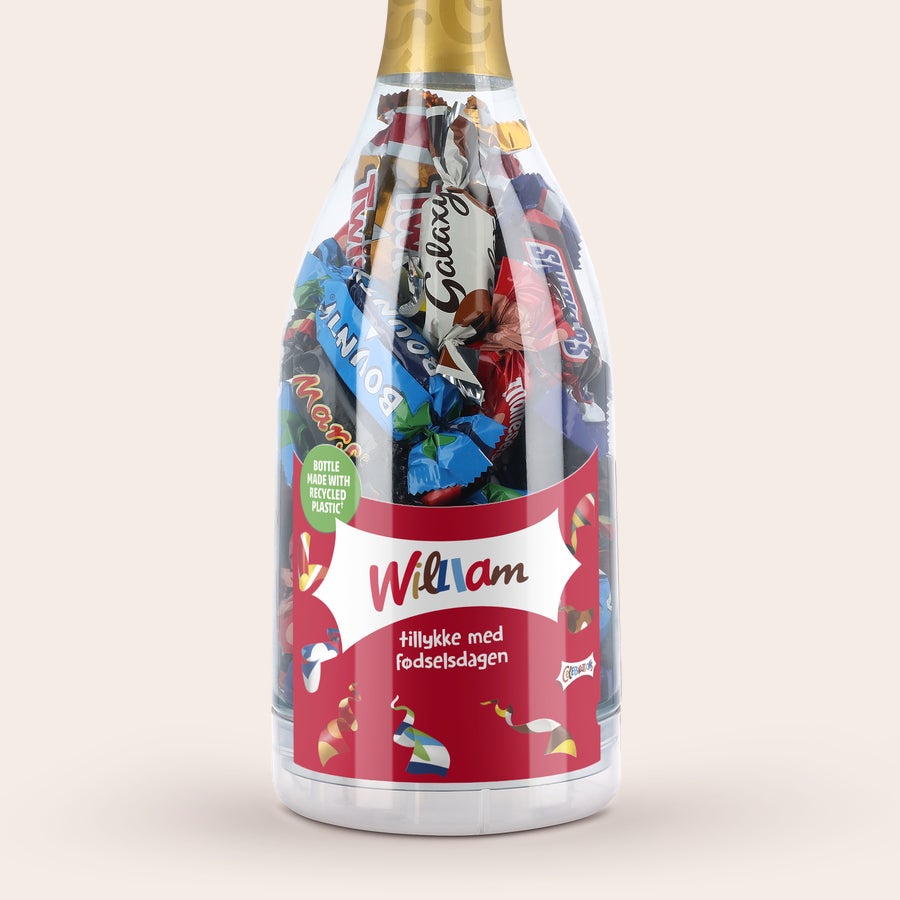 Personlig  Celebrations gave Champagneflaske med Celebrations chokolader og personligt trykt navn William, tillykke med fødselsdagen