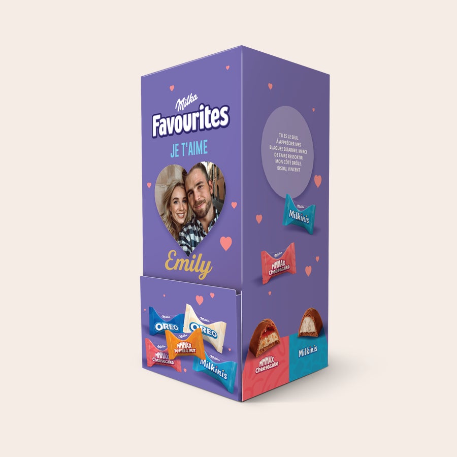Distributeur de chocolat Milka Favourites Distributeur de chocolat Milka Favourites personnalisé avec une photo et le prénom Emily, et un message sur le côté.