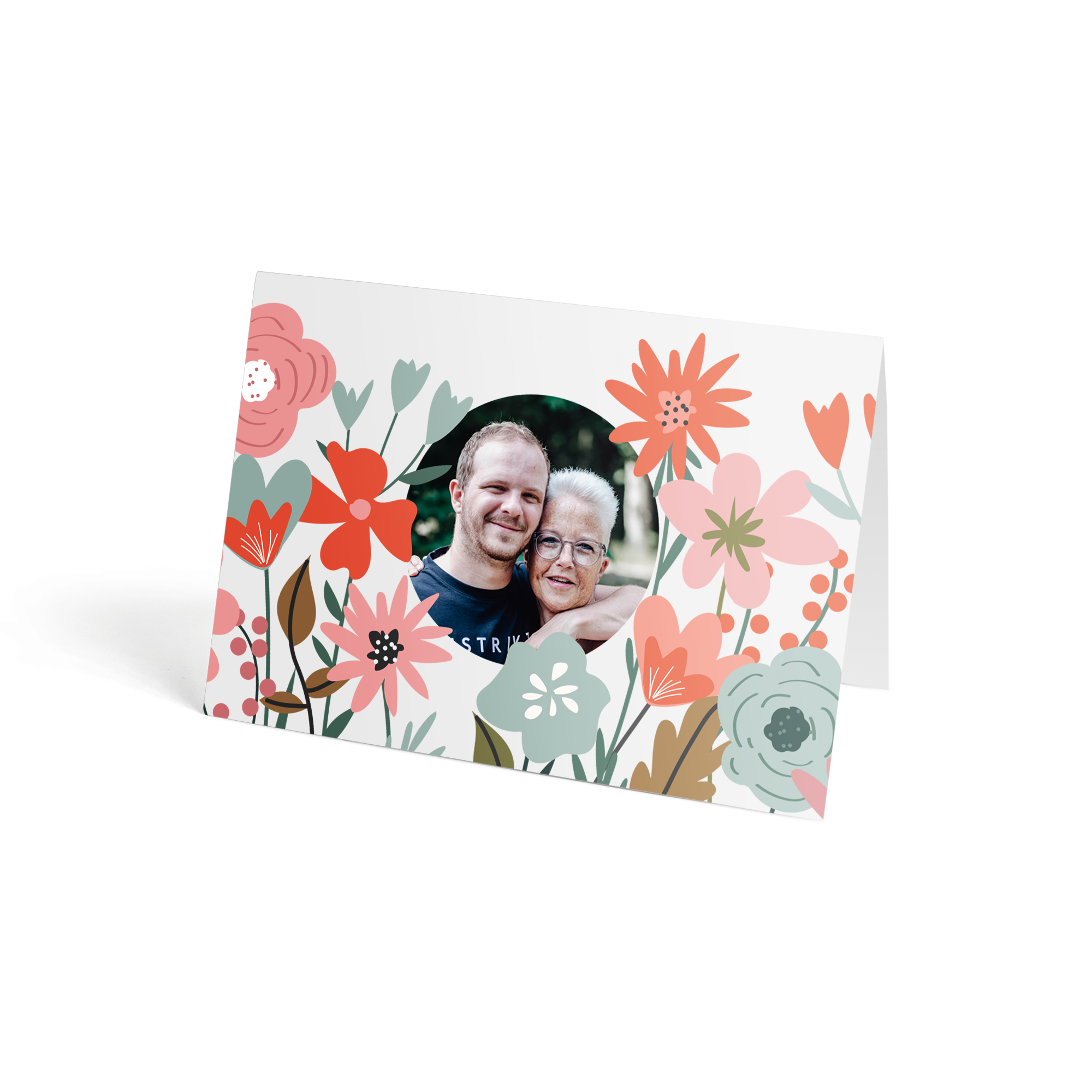 Personalisierte Karte für Briefkastenblumen mit Foto eines Mannes und einer Frau, umgeben von einem Blumenmuster