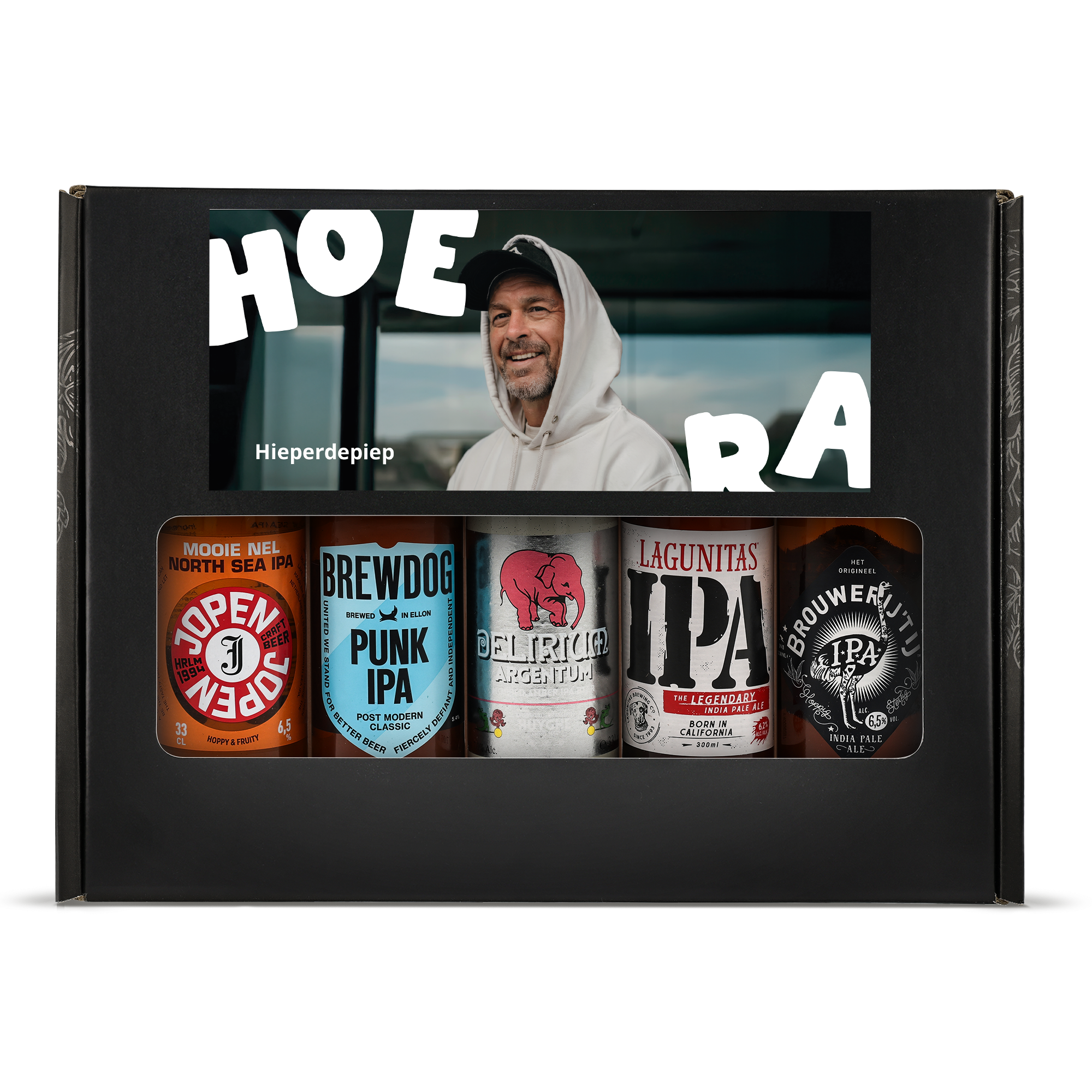 Gepersonaliseerd bierpakket IPA met foto en tekst Hieperdepiep geprint op de verpakking