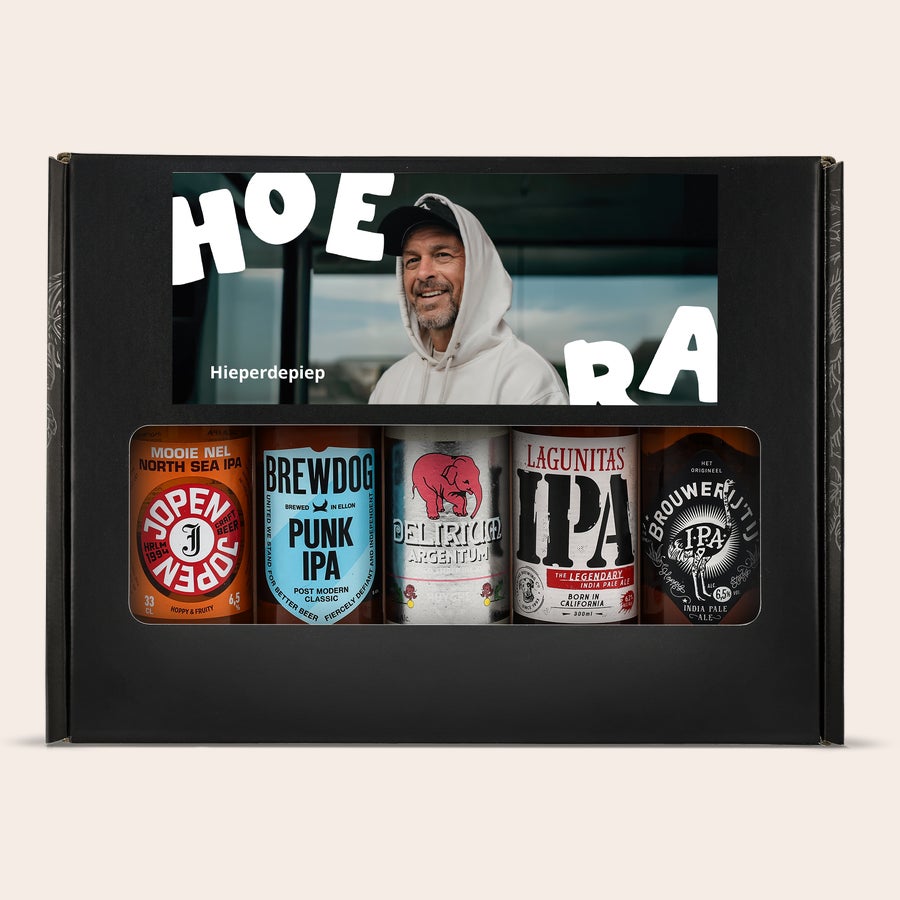 Gepersonaliseerd bierpakket Gepersonaliseerd bierpakket IPA met foto en tekst Hieperdepiep geprint op de verpakking