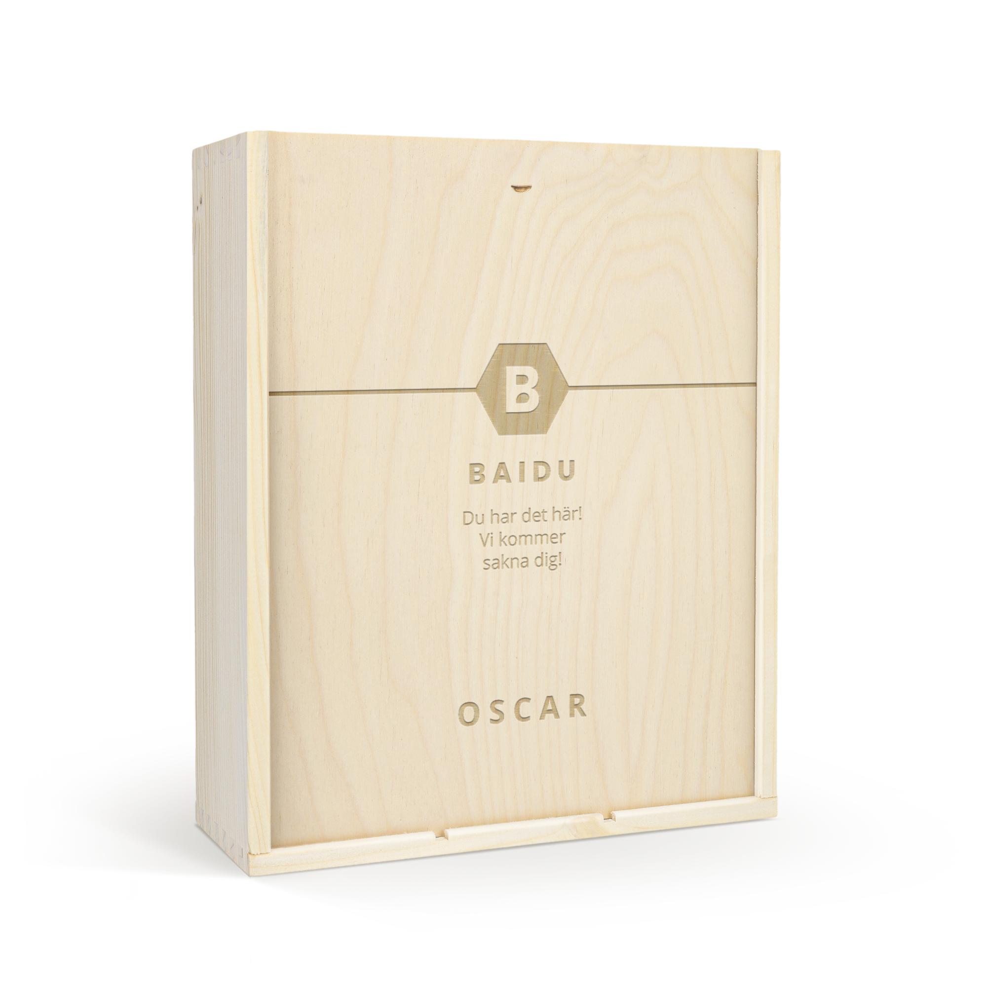 Ett lyxigt träfodral med personlig gravyr av "B", "BAIDU", "Du har det här! Vi kommer sakna dig!" och "OSCAR" med plats för en flaska och 2 champagneglas