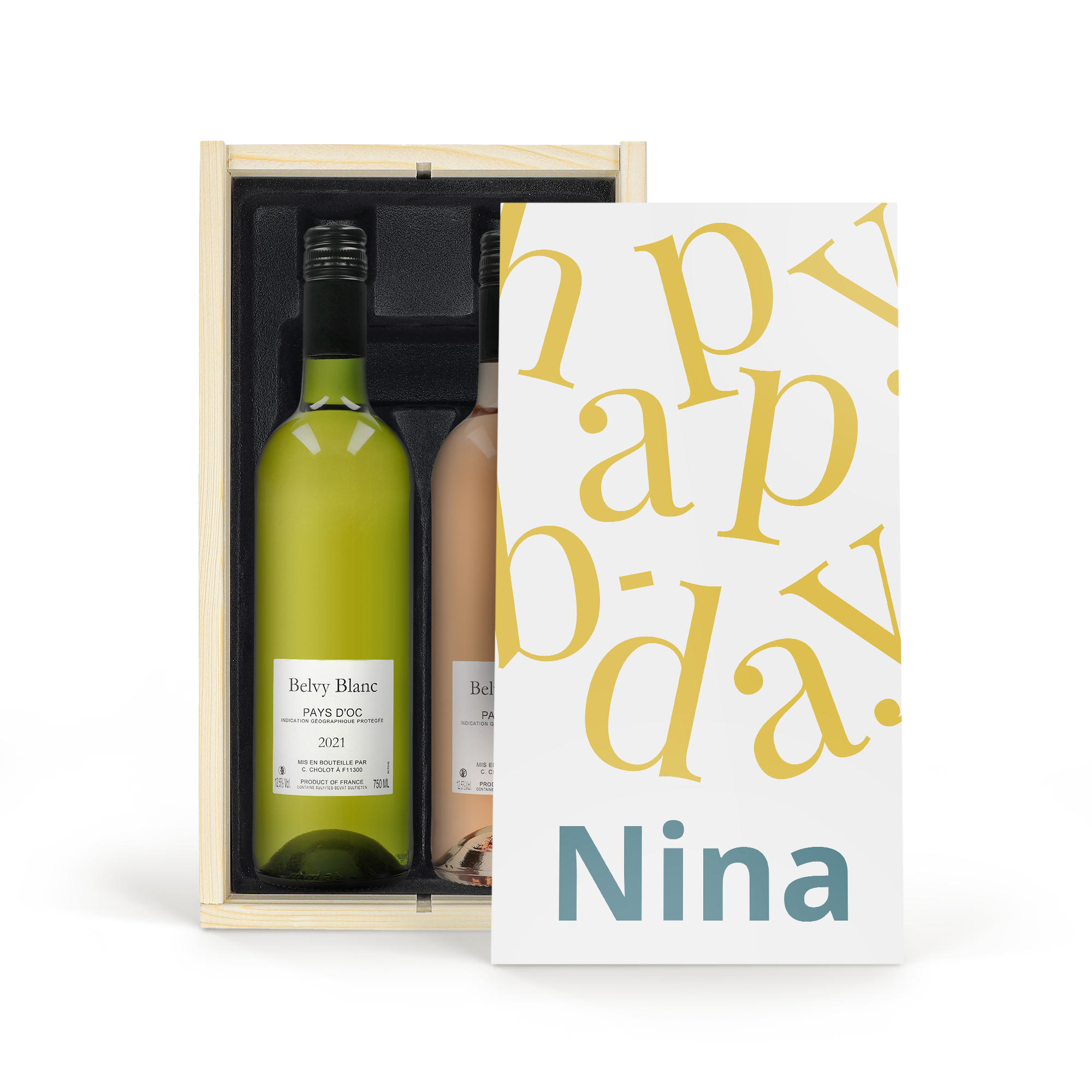 Confezione regalo personalizzata con vino bianco e rosé Belvy in scatola di legno, stampata con il nome Nina