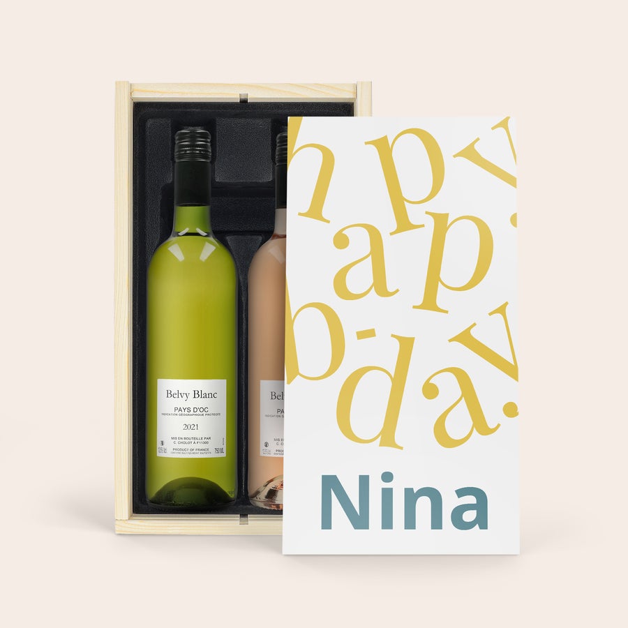 Belvy Rot & Weiß & Rosé - Wein Geschenkset Holzkiste Wein Geschenkset Belvy in Holzkiste, bedruckt mit Happy Birthday und Name Nina, enthält Weiß- und Roséwein.