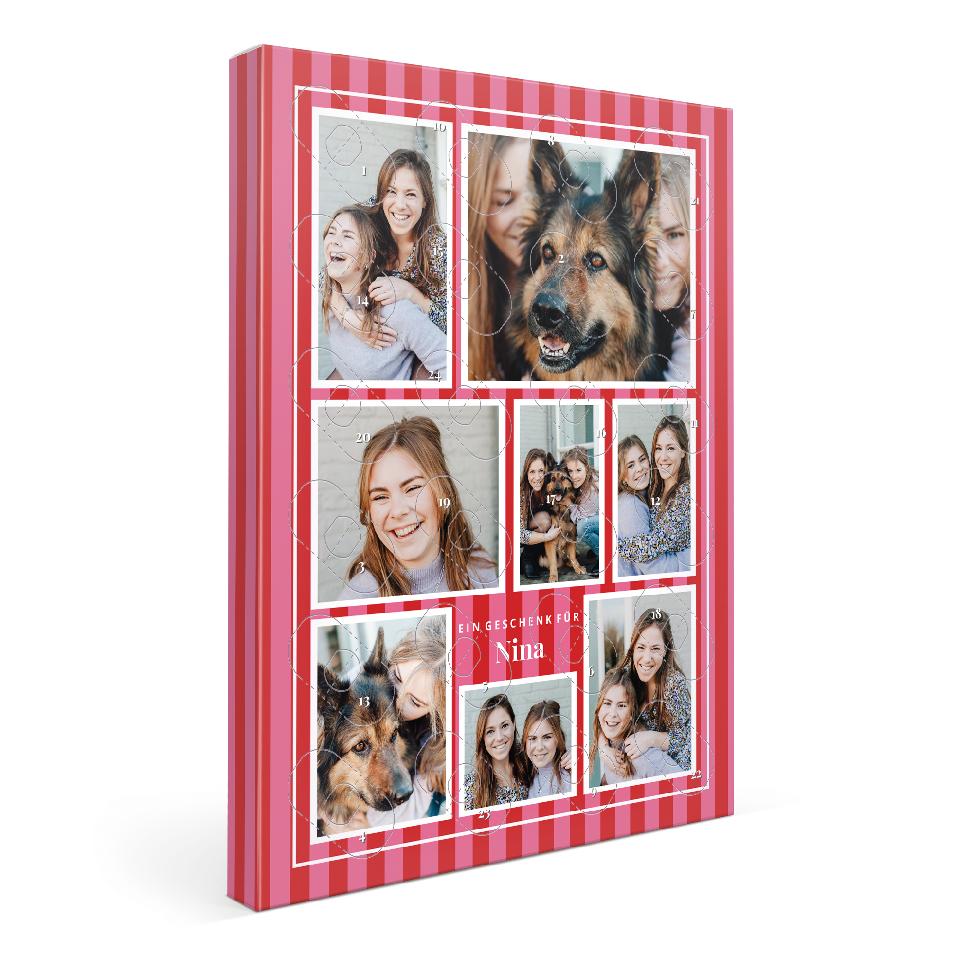 Personalisierter Süßigkeiten-Adventskalender mit neun eigenen Fotos und dem Text „Ein Geschenk für Nina“.